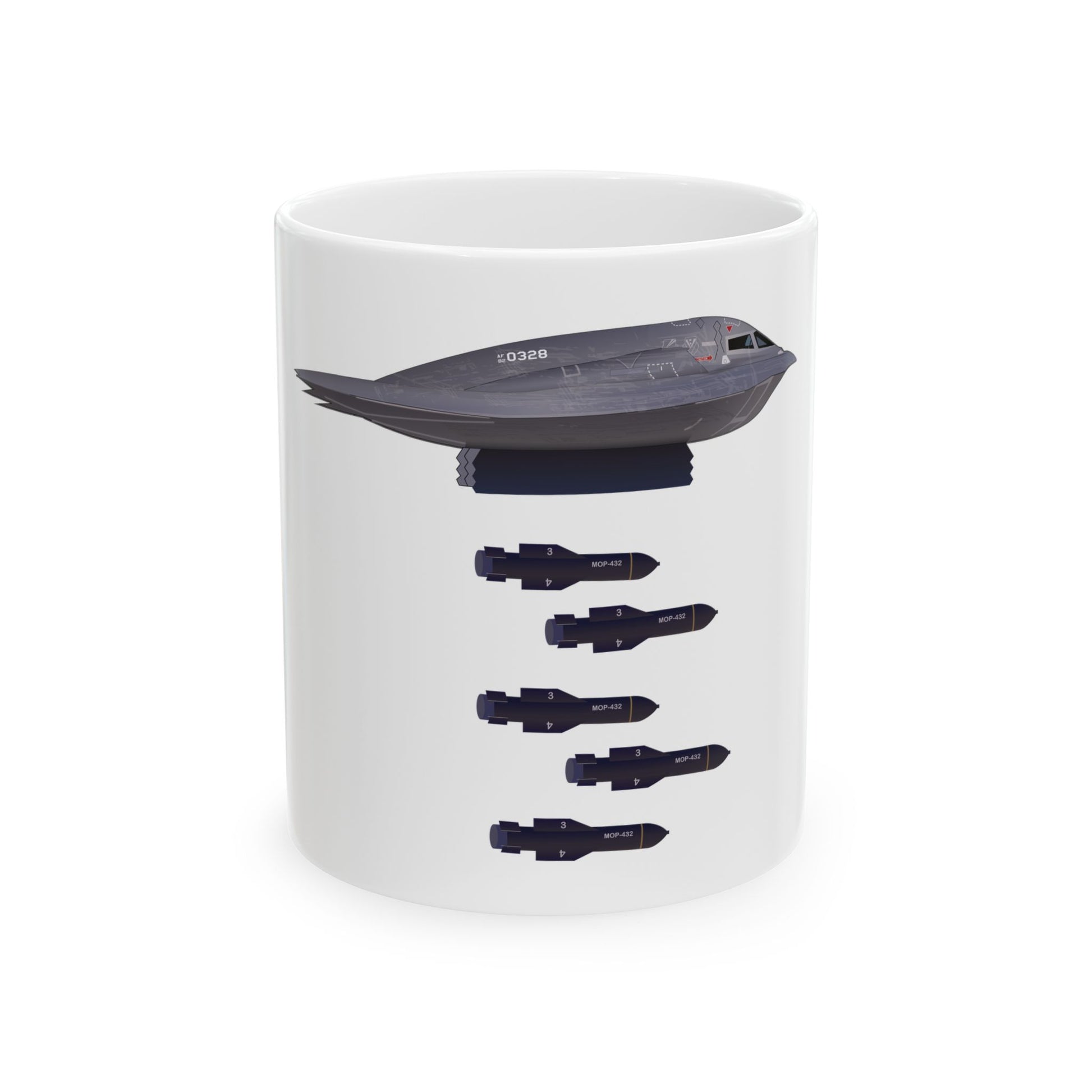 B-2 Spirit ceramic mug featuring a stealth bomber design, available in 11oz and 15oz sizes, microwave and dishwasher safe.