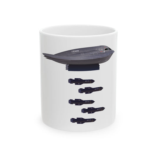 B-2 Spirit ceramic mug featuring a stealth bomber design, available in 11oz and 15oz sizes, microwave and dishwasher safe.