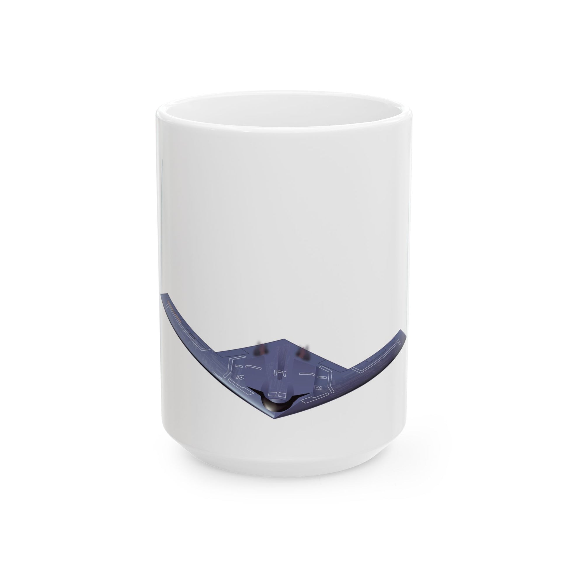 Durable white ceramic mug showcasing the B-21 Raider stealth bomber, perfect for aviation enthusiasts, available in 11oz and 15oz sizes.