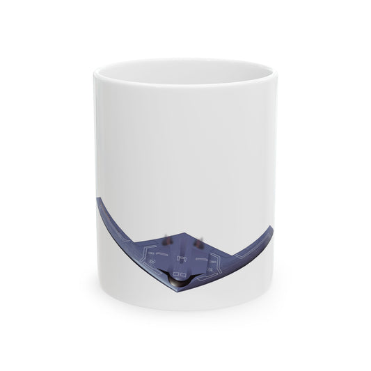 B-21 Raider ceramic mug featuring a sleek stealth bomber design, available in 11oz and 15oz sizes, microwave and dishwasher safe.