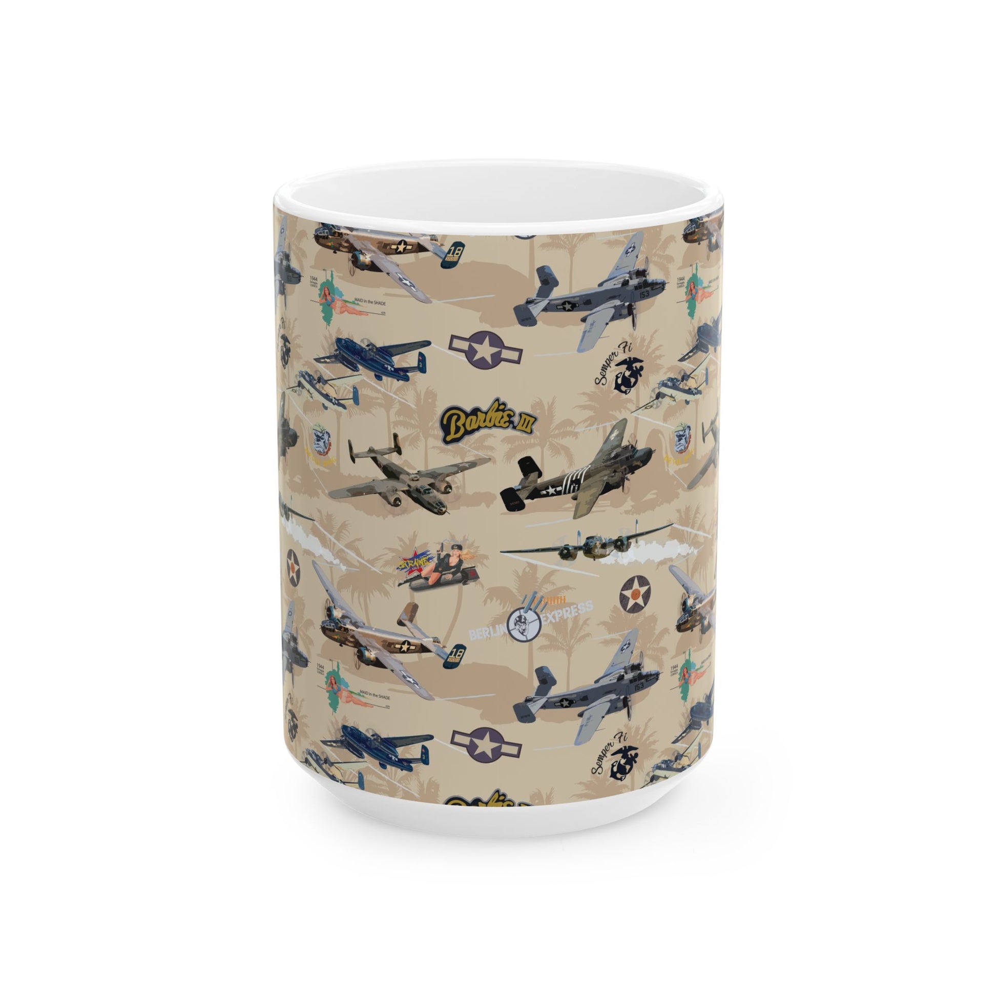 Durable ceramic coffee mug showcasing vintage B-25 bomber nose art, offered in two sizes: 11oz and 15oz, perfect for aviation enthusiasts.