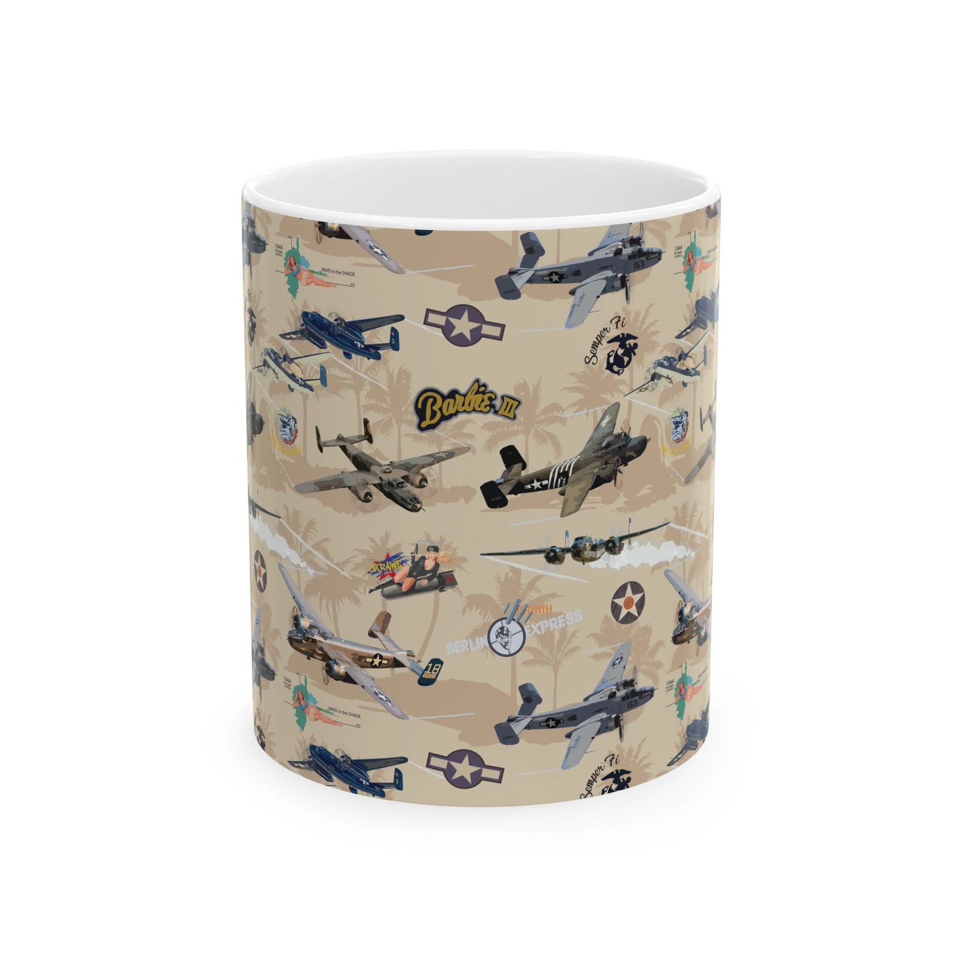 White ceramic mug featuring B-25 "Russian to Get Ya" nose art design, available in 11oz and 15oz sizes, with a glossy finish and comfortable C-handle.