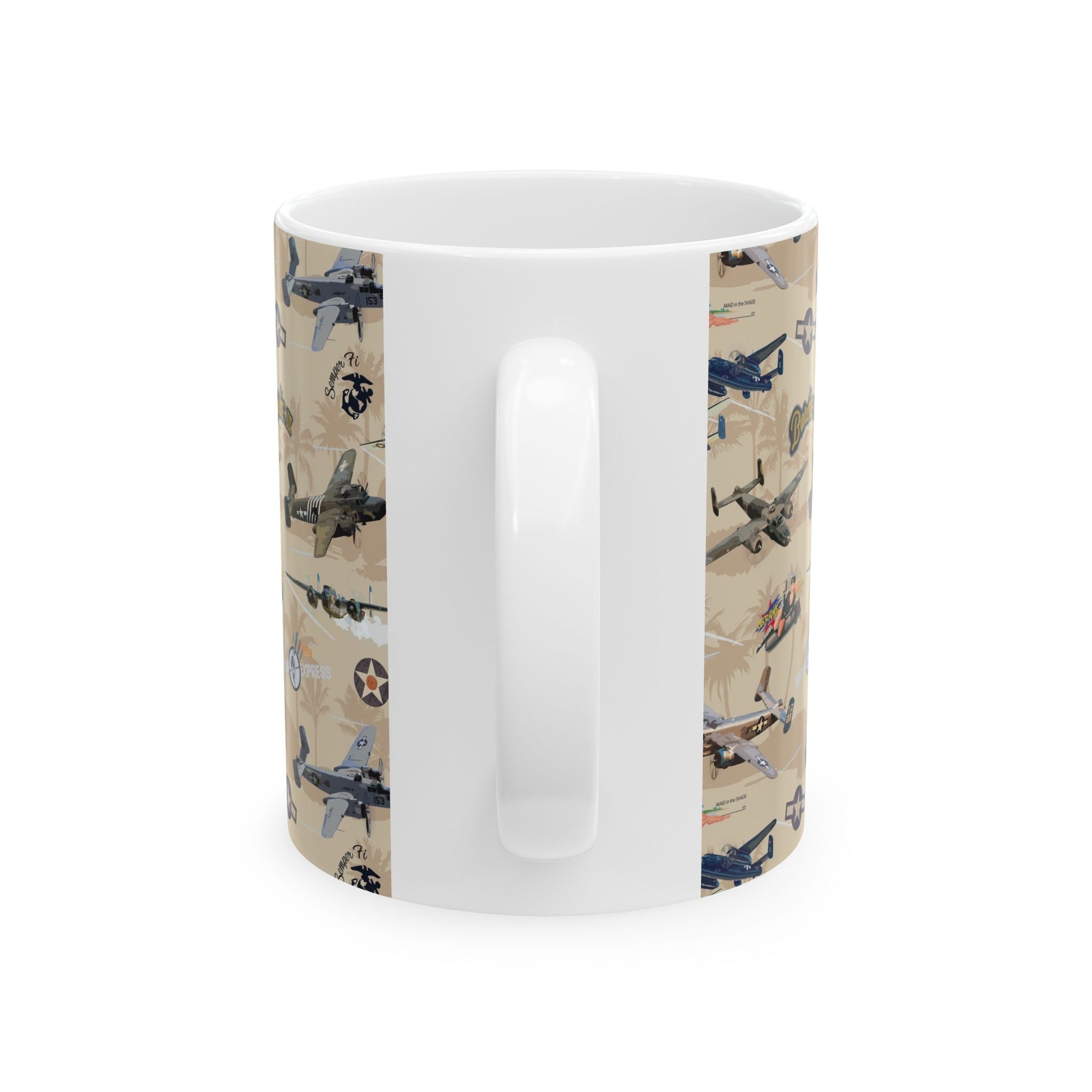 Glossy white ceramic mug adorned with historic B-25 "Russian to Get Ya" artwork, microwave and dishwasher safe, available in 11oz and 15oz capacities.