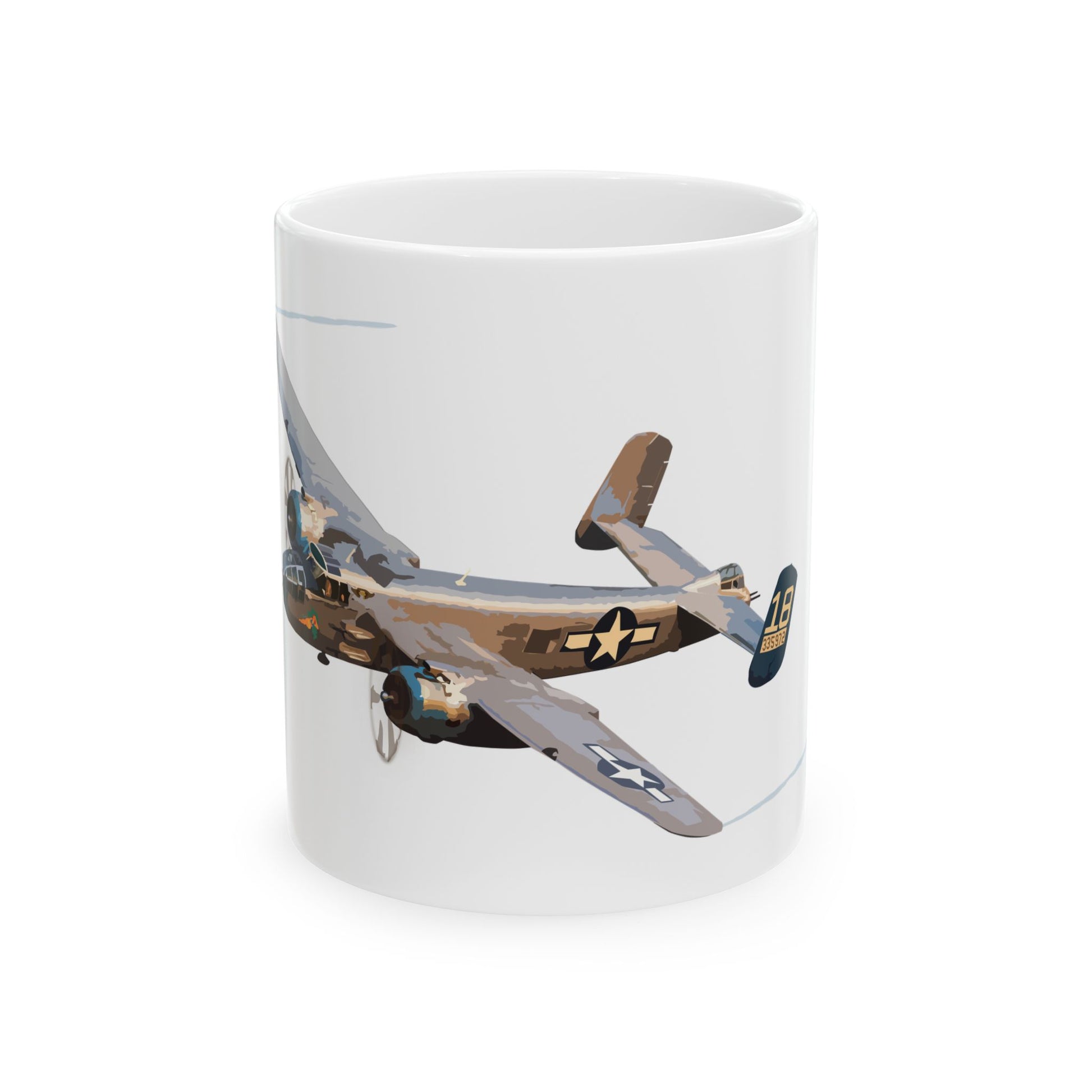 White ceramic mug featuring the "Maid in the Shade" nose art from the B-25 Mitchell bomber, available in 11oz and 15oz sizes, with a glossy finish and comfortable C-handle.