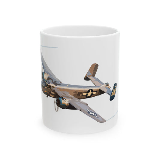 White ceramic mug featuring the "Maid in the Shade" nose art from the B-25 Mitchell bomber, available in 11oz and 15oz sizes, with a glossy finish and comfortable C-handle.