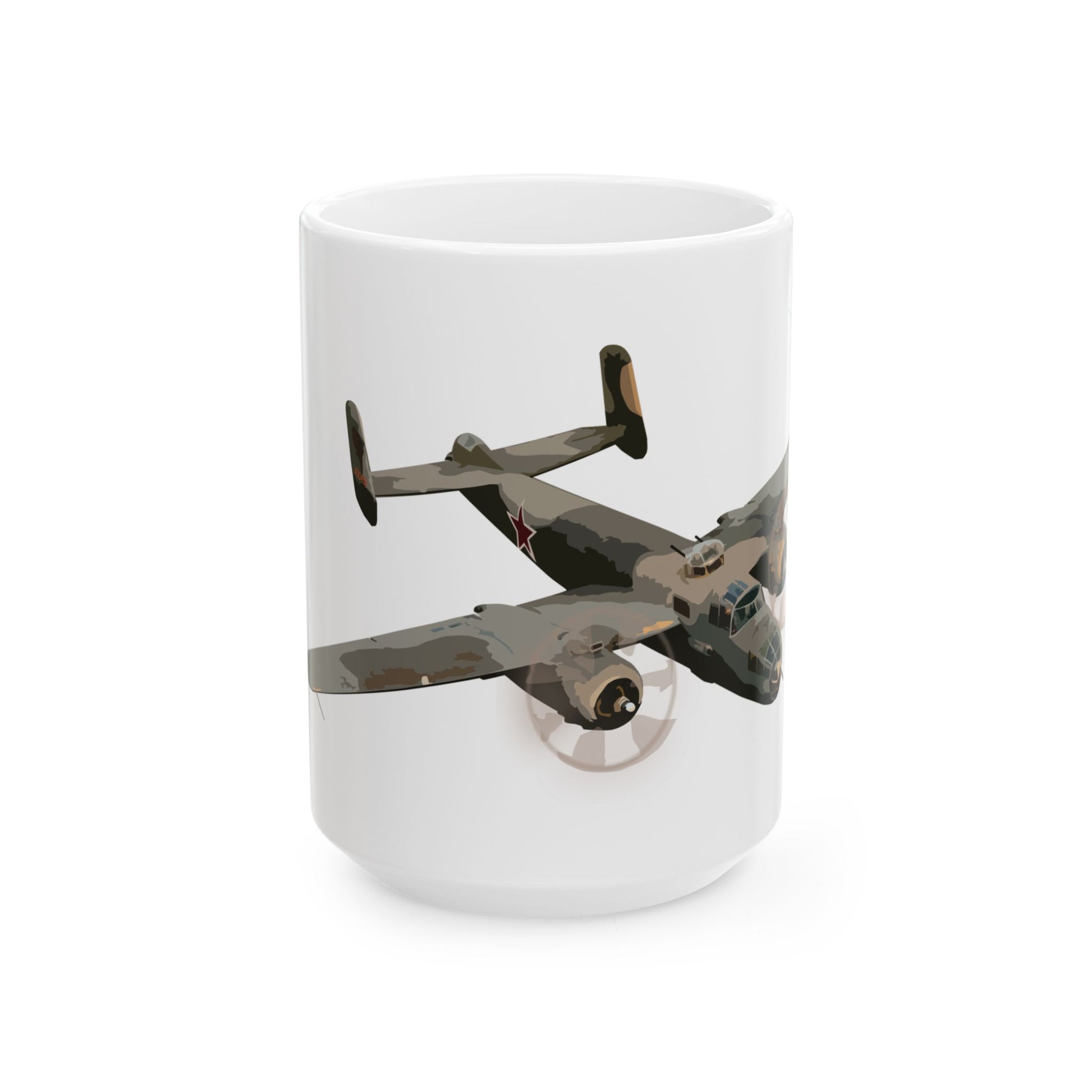 Durable ceramic coffee mug showcasing vintage "Russian to Get Ya" B-25 bomber nose art, offered in two sizes: 11oz and 15oz, perfect for aviation enthusiasts.