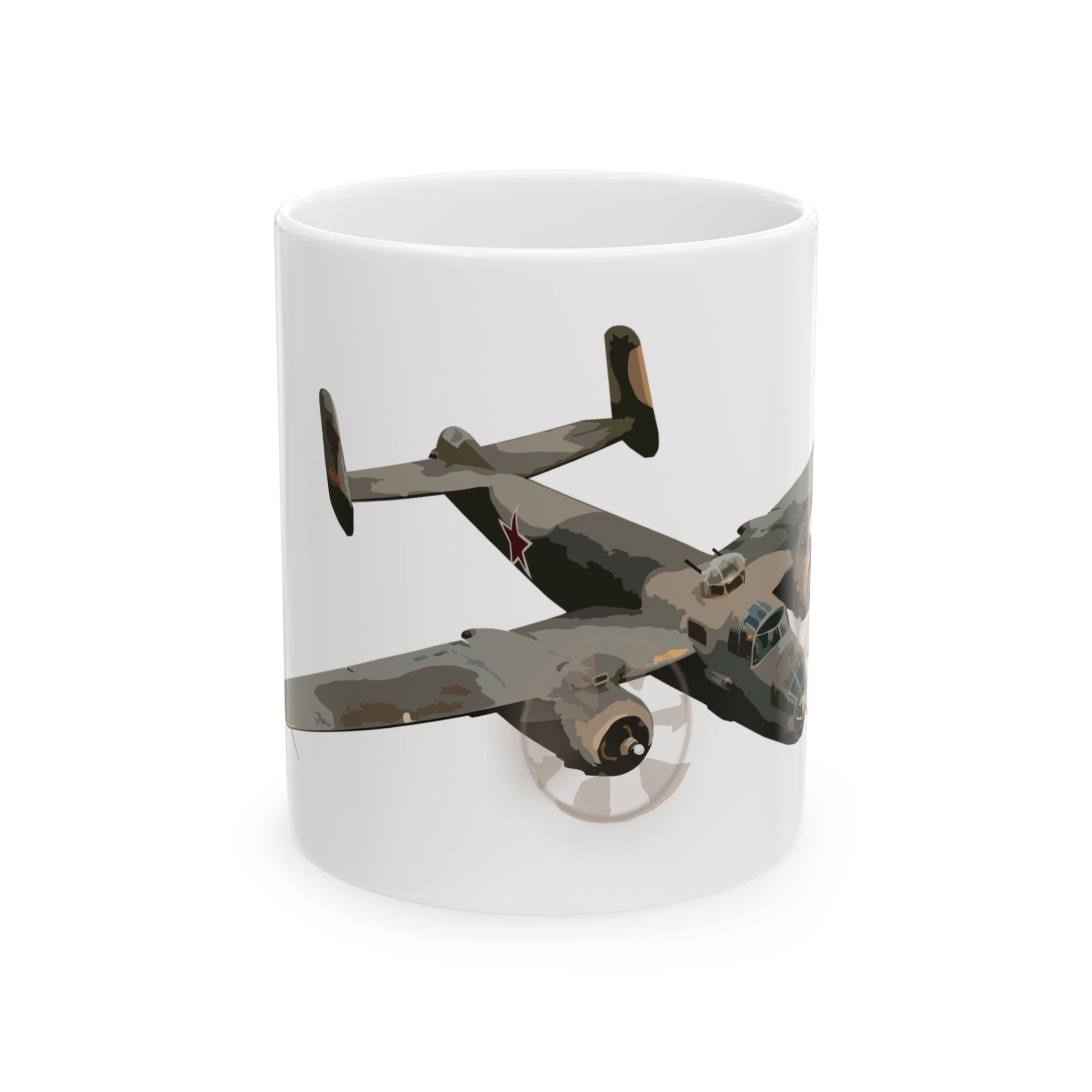 White ceramic mug featuring the "Russian to Get Ya" nose art from the B-25 Mitchell bomber, available in 11oz and 15oz sizes, with a glossy finish and comfortable C-handle.