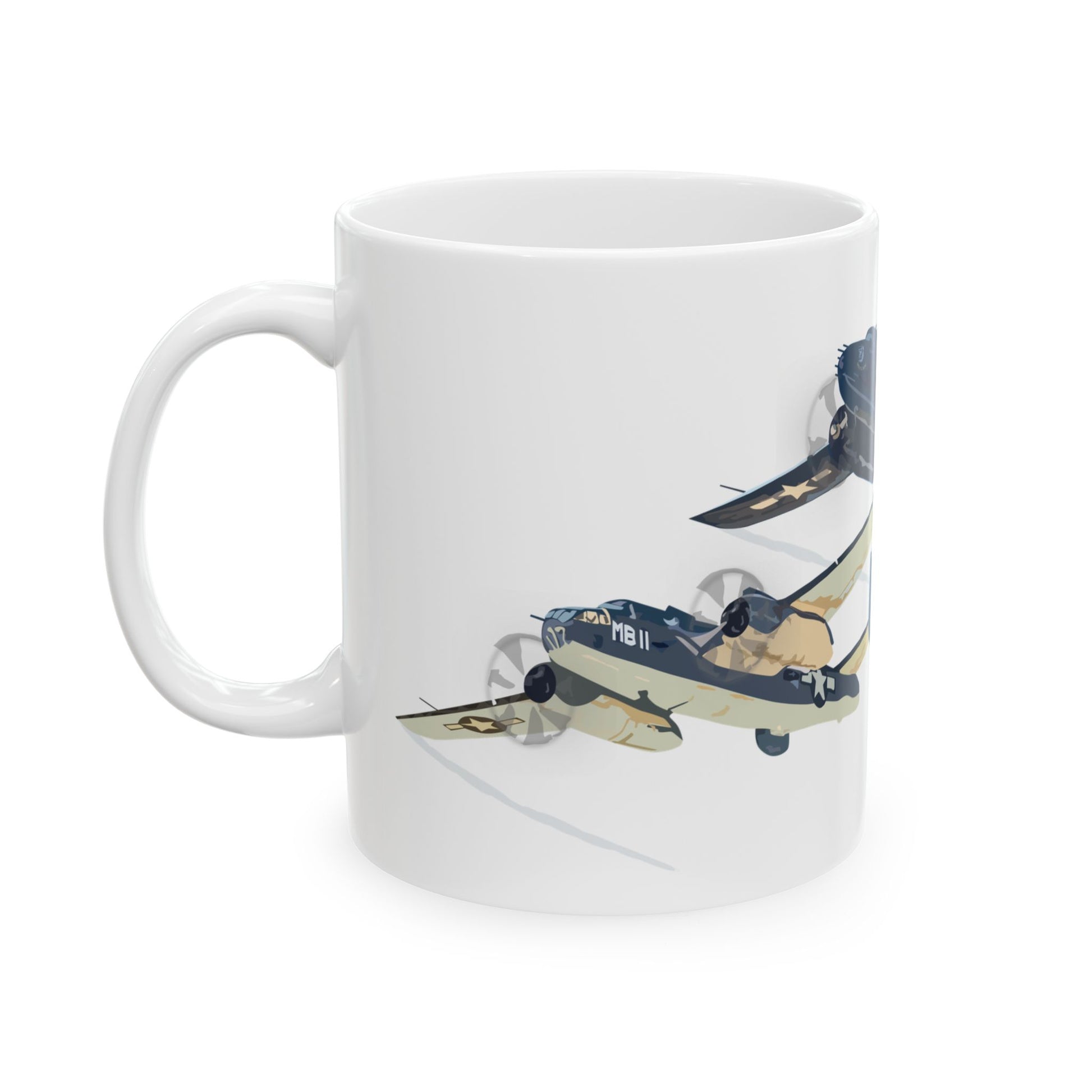 Classic ceramic mug featuring detailed "Devil Dog" and "Semper Fi" B-25 nose art imagery, ideal for collectors and history buffs, comes in 11oz and 15oz sizes.