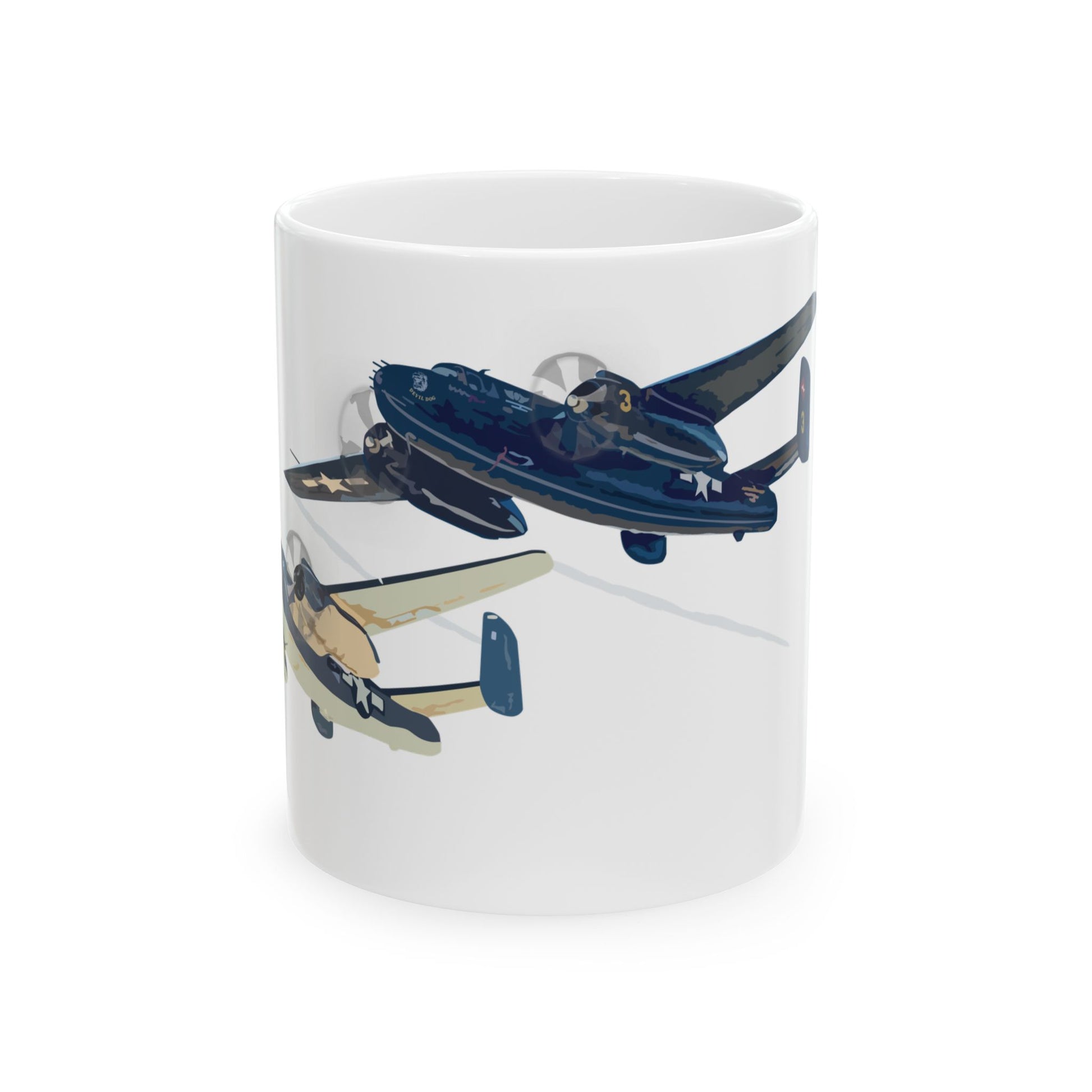 White ceramic mug featuring the "Devil Dog" and "Semper Fi" designs inspired by the B-25 Mitchell bomber, available in 11oz and 15oz sizes, with a glossy finish and comfortable C-handle.