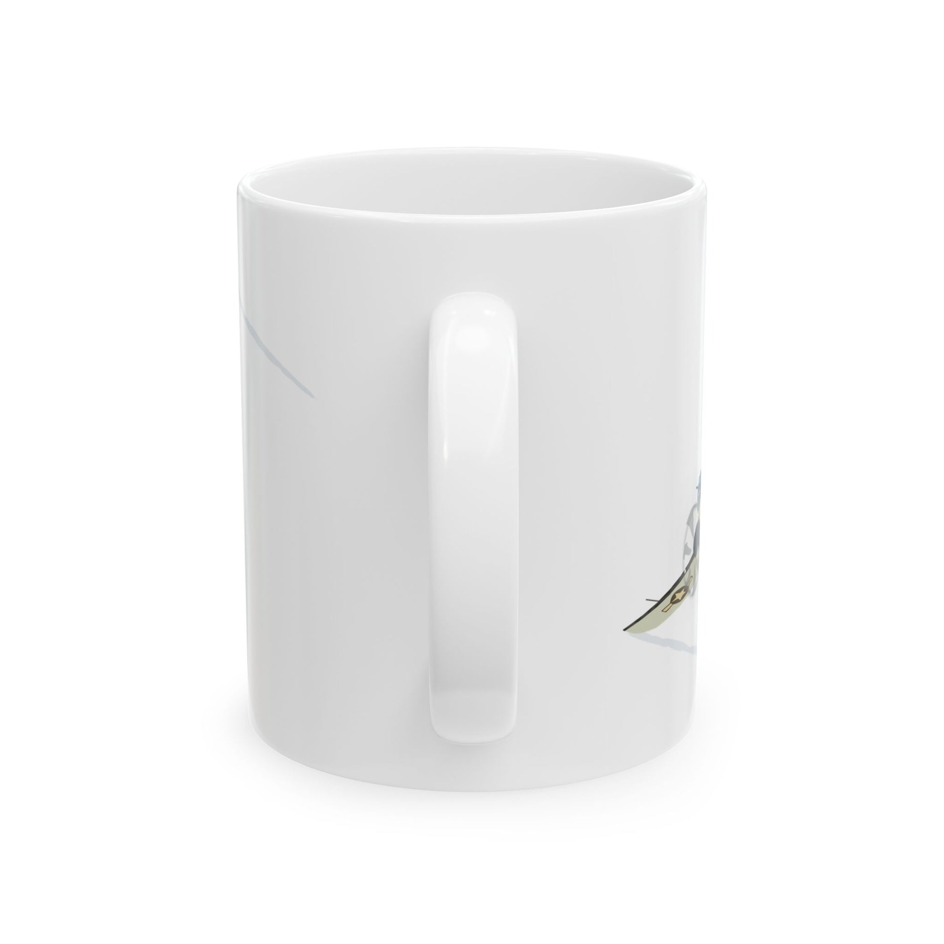 Glossy white ceramic mug adorned with historic "Devil Dog" and "Semper Fi" B-25 nose art, microwave and dishwasher safe, available in 11oz and 15oz capacities.