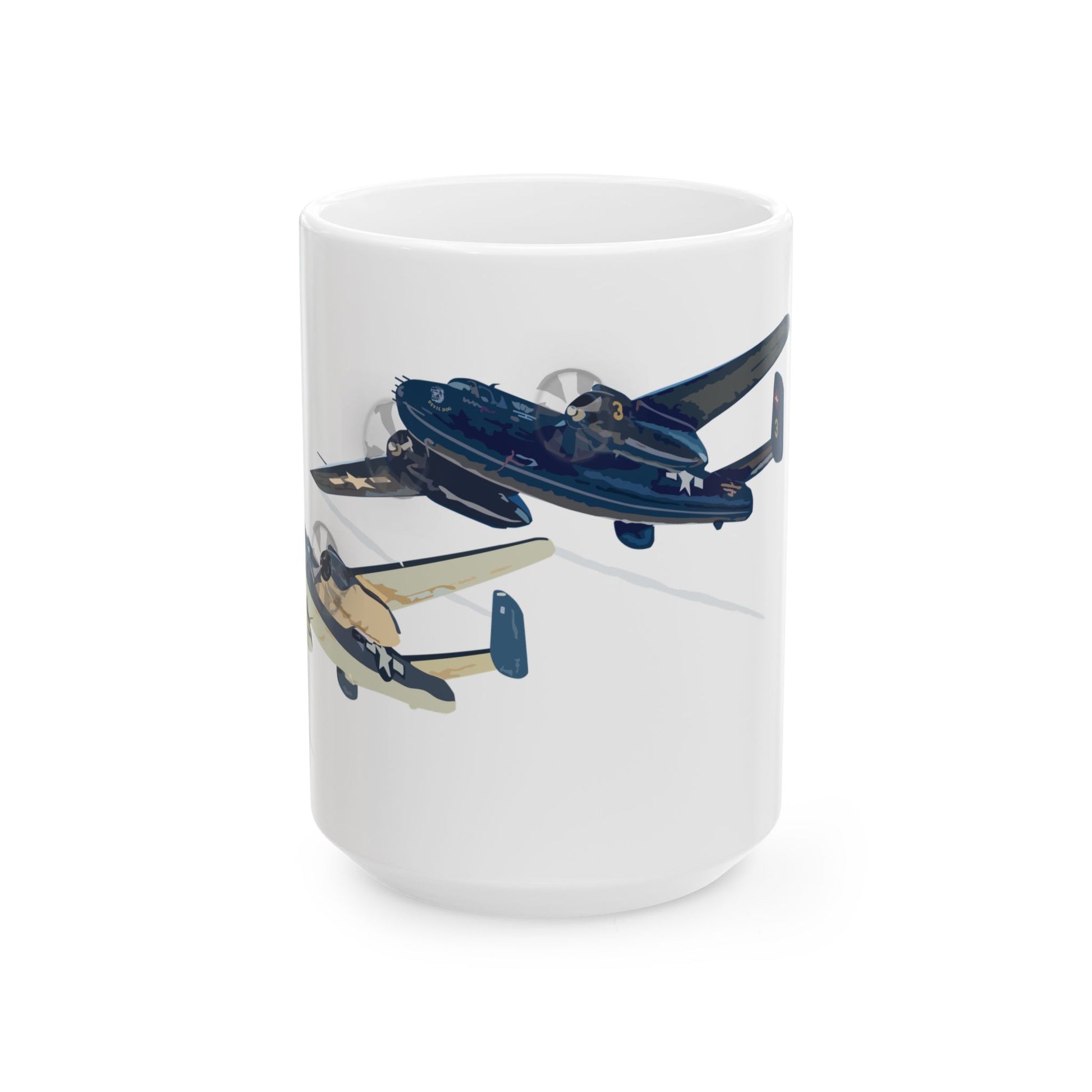 Durable ceramic coffee mug showcasing vintage "Devil Dog" and "Semper Fi" B-25 bomber artwork, offered in two sizes: 11oz and 15oz, perfect for aviation enthusiasts and military history buffs.