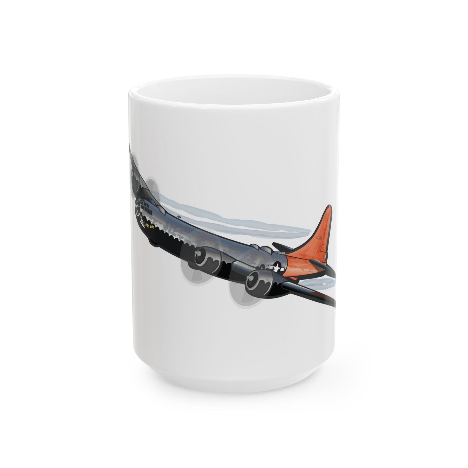 Ceramic coffee mug showcasing the B-29 Kee Bird bomber, perfect for aviation enthusiasts, available in two sizes: 11oz and 15oz.