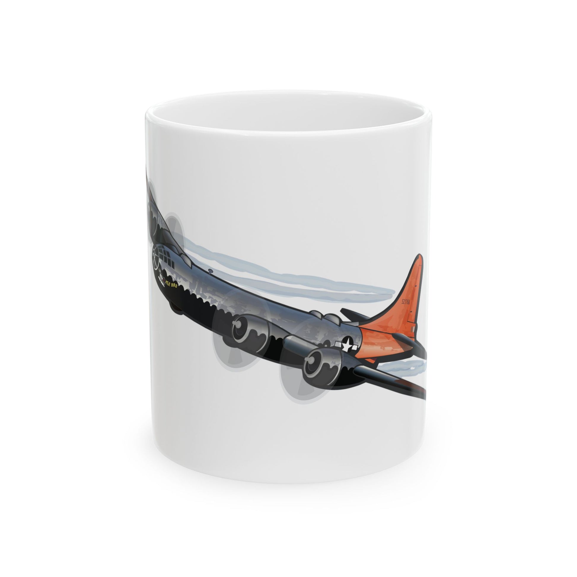B-29 Kee Bird ceramic mug featuring detailed bomber artwork, available in 11oz and 15oz sizes, microwave and dishwasher safe.