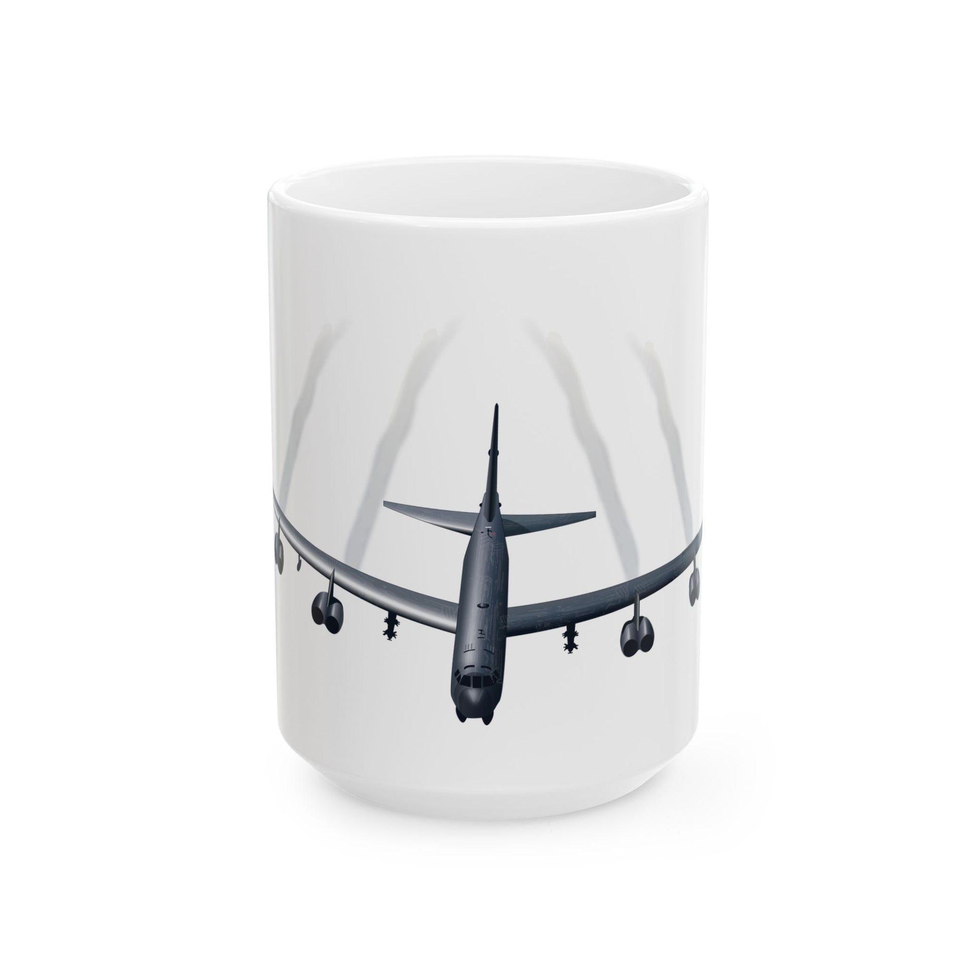 Durable white ceramic coffee mug showcasing imagery of the B-52 Stratofortress, perfect for aviation enthusiasts, available in two sizes.