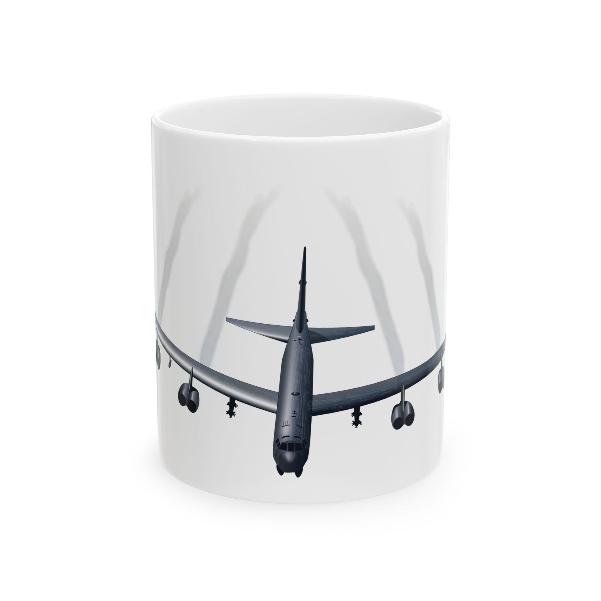 White ceramic mug featuring a design honoring the B-52 Stratofortress, available in 11oz and 15oz sizes, microwave and dishwasher safe.