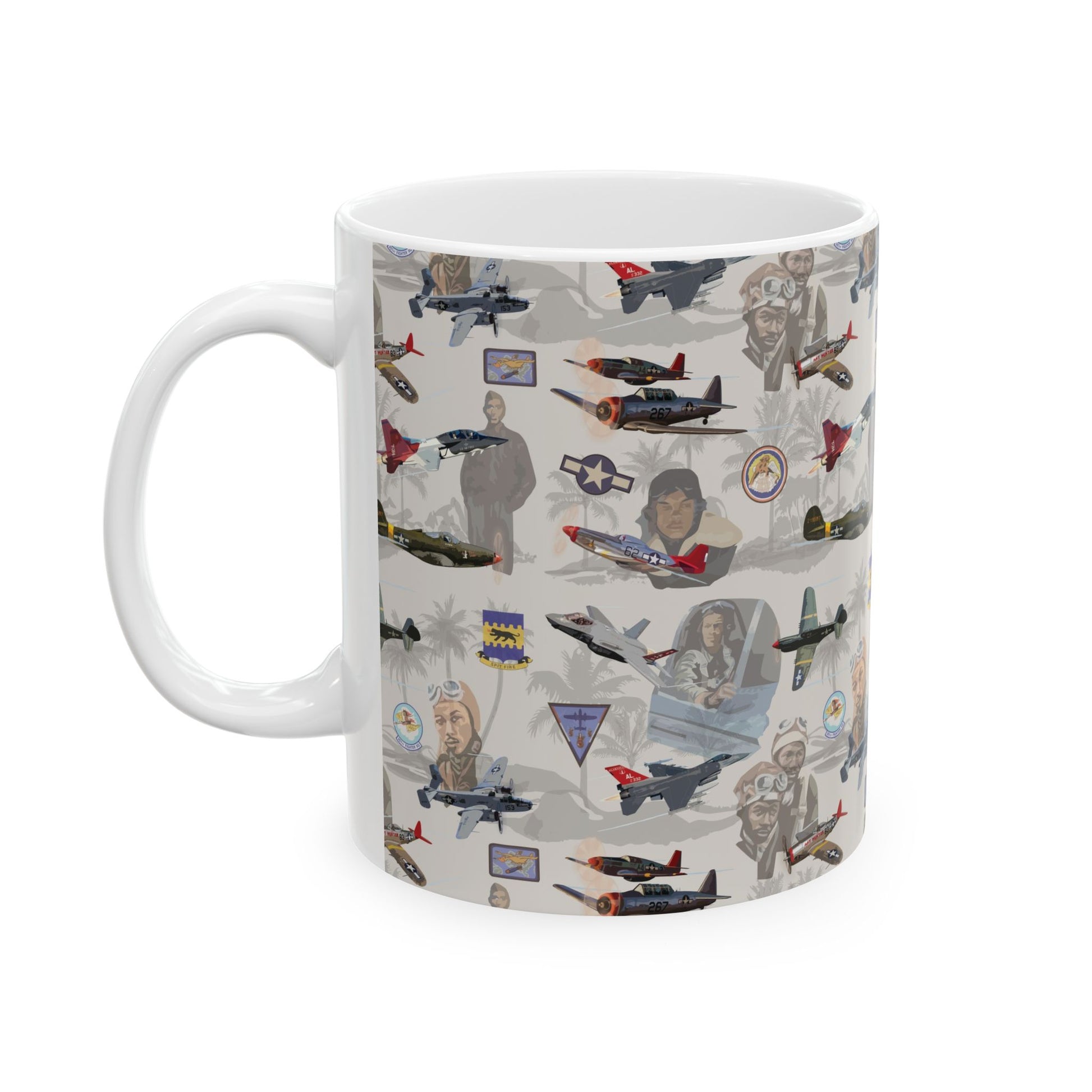 Beige ceramic mug featuring a tribute design to the Tuskegee Airmen, available in 11oz and 15oz sizes, perfect for history buffs and aviation enthusiasts.