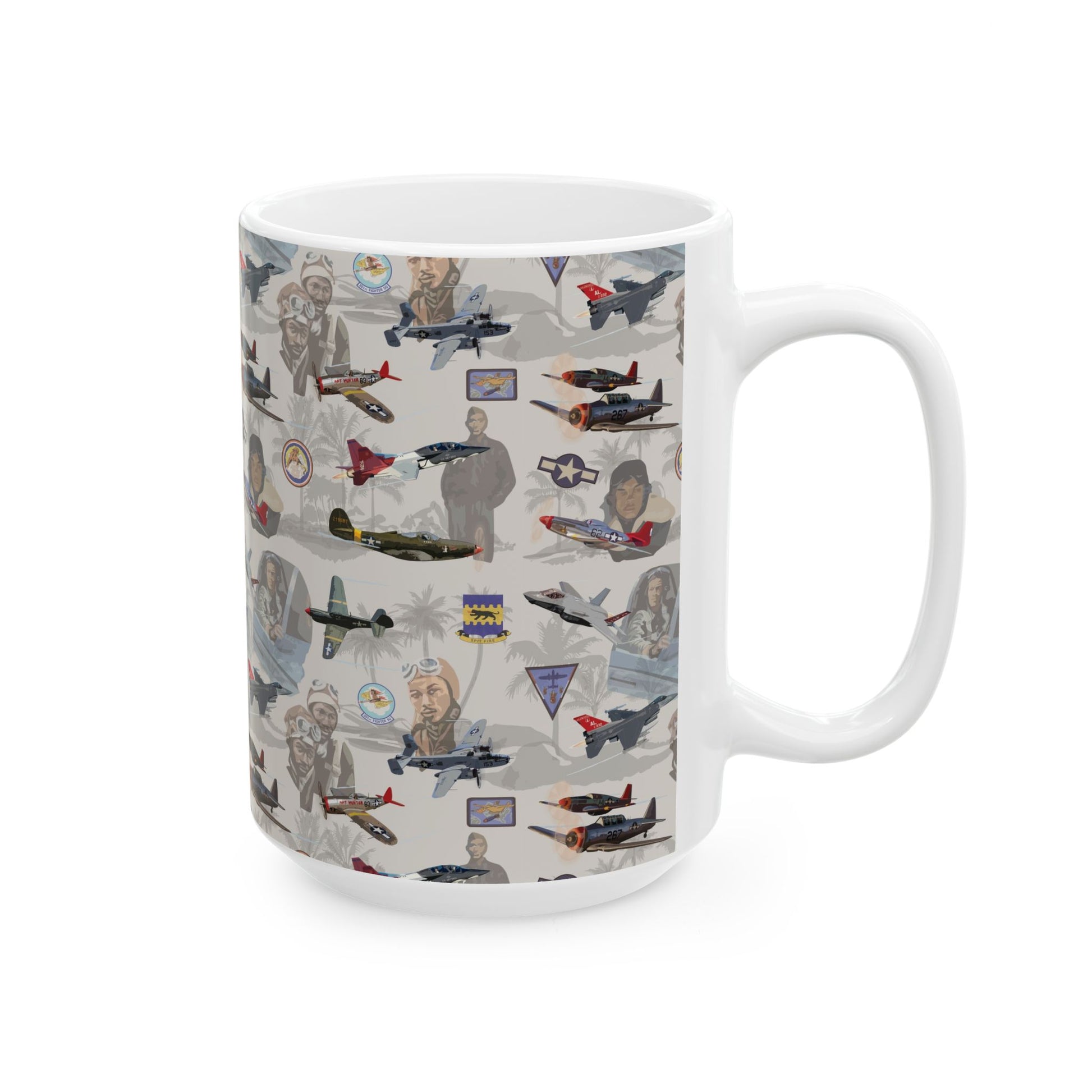 Beige ceramic mug featuring the Tuskegee Airmen design, available in both 11oz and 15oz sizes, a perfect keepsake for aviation history collectors.