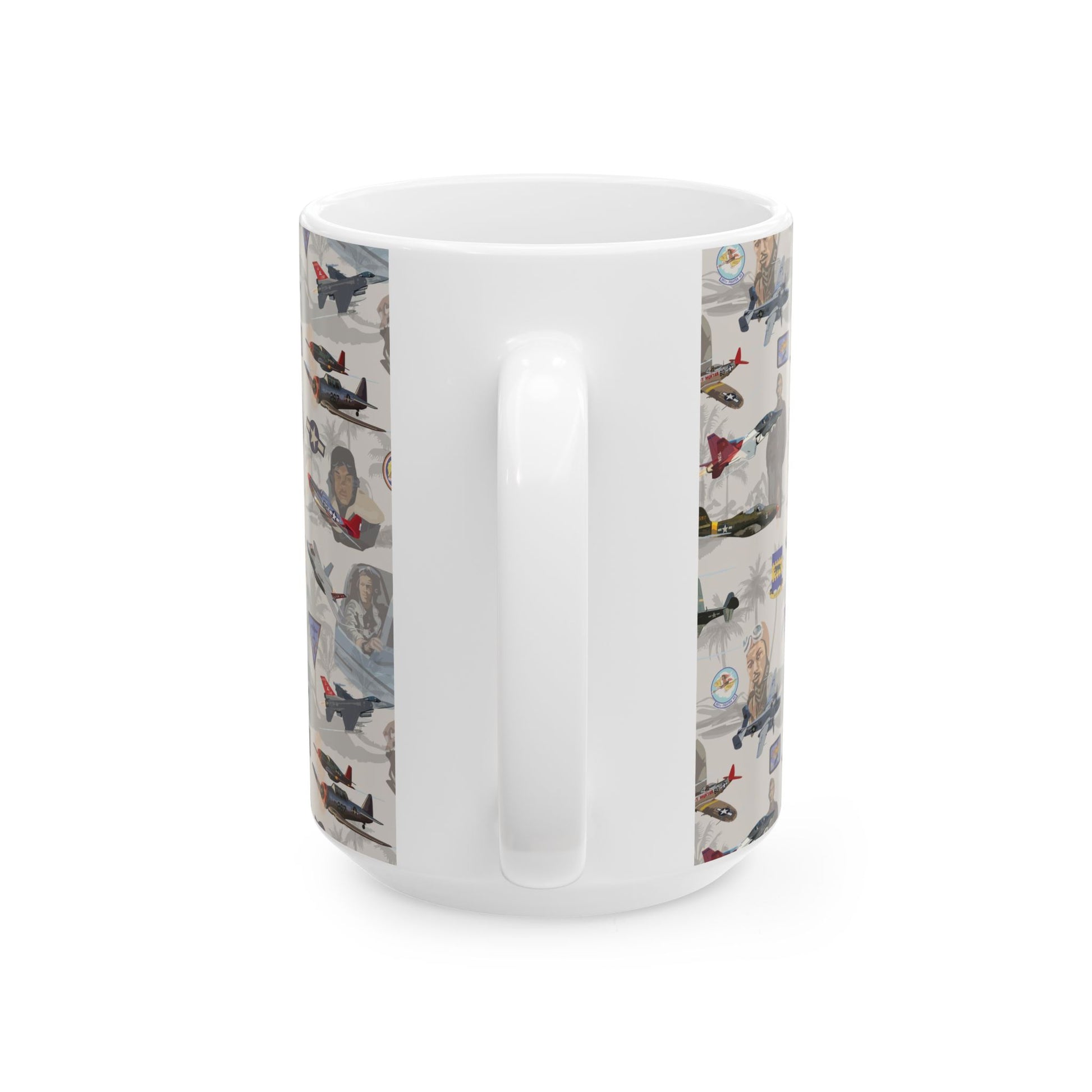 Beige ceramic mug with a commemorative design celebrating the legacy of the Tuskegee Airmen, perfect for collectors, available in two sizes.