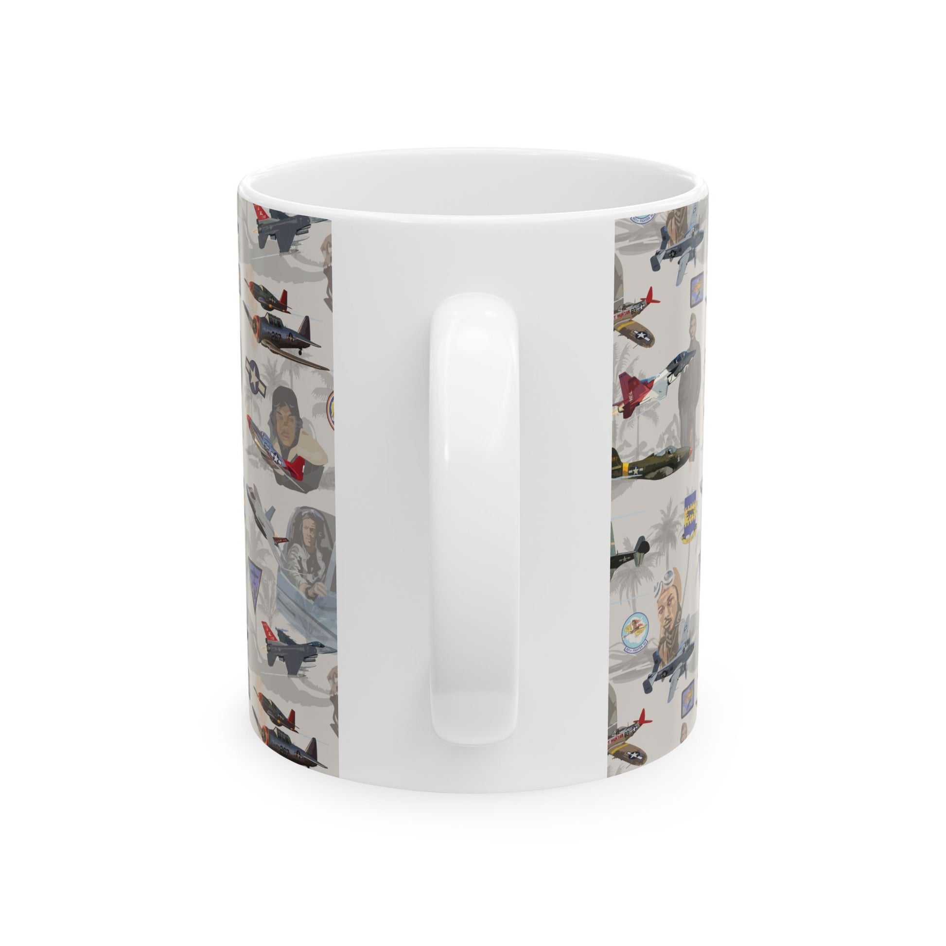 Beige ceramic mug with a design celebrating the legacy of the Tuskegee Airmen, ideal for collectors, available in 11oz and 15oz sizes.
