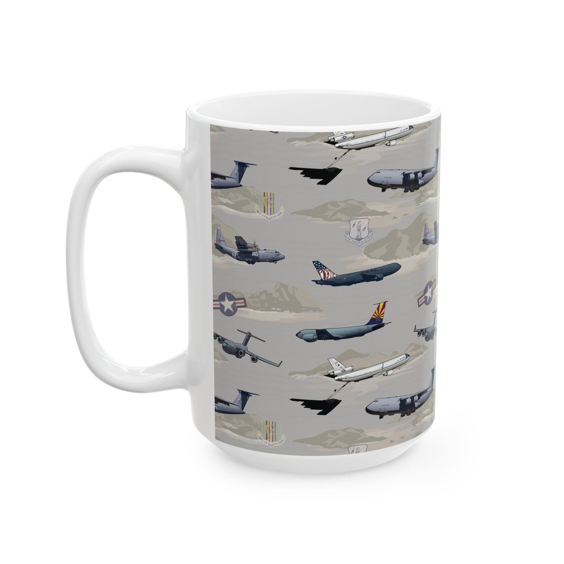 Beige ceramic mug with a sleek AMC Tribute design, available in 11oz and 15oz sizes, perfect for enjoying your favorite beverage in style.