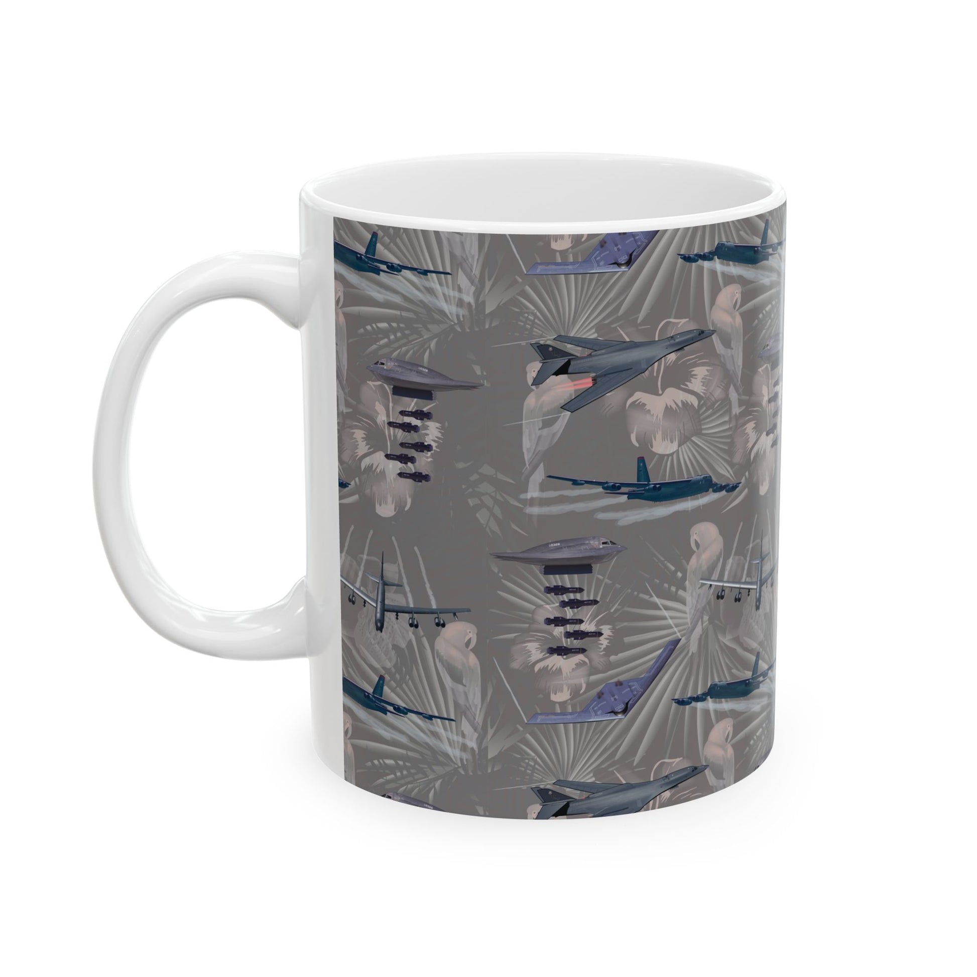 Black ceramic mug featuring a tribute to iconic bombers like the B-17 Flying Fortress, available in 11oz and 15oz sizes, microwave and dishwasher safe.