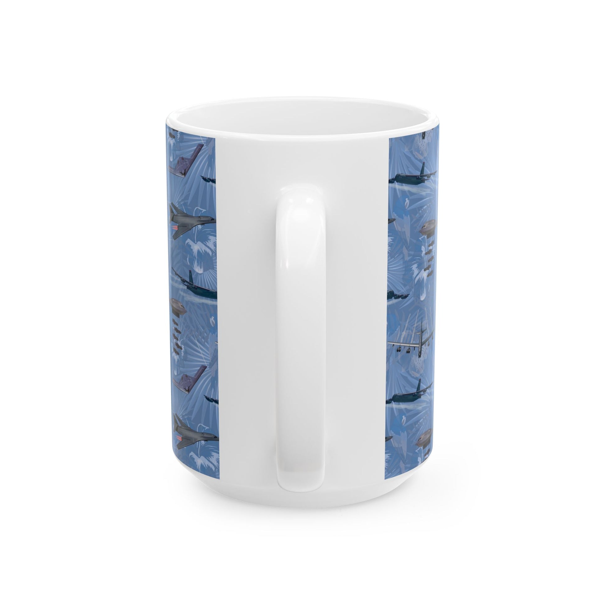 Blue ceramic mug featuring a tribute to the B-17 Flying Fortress, perfect for collectors, available in 11oz and 15oz sizes, microwave and dishwasher safe.