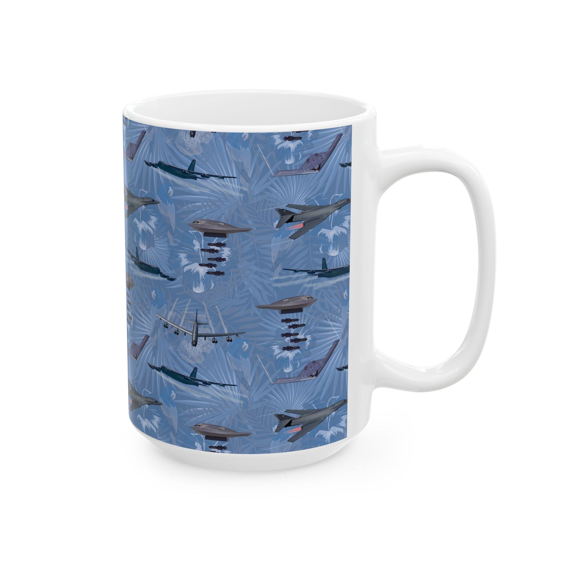 Blue ceramic mug with a commemorative design celebrating the B-17 Flying Fortress, available in 11oz and 15oz sizes, perfect for military history enthusiasts.
