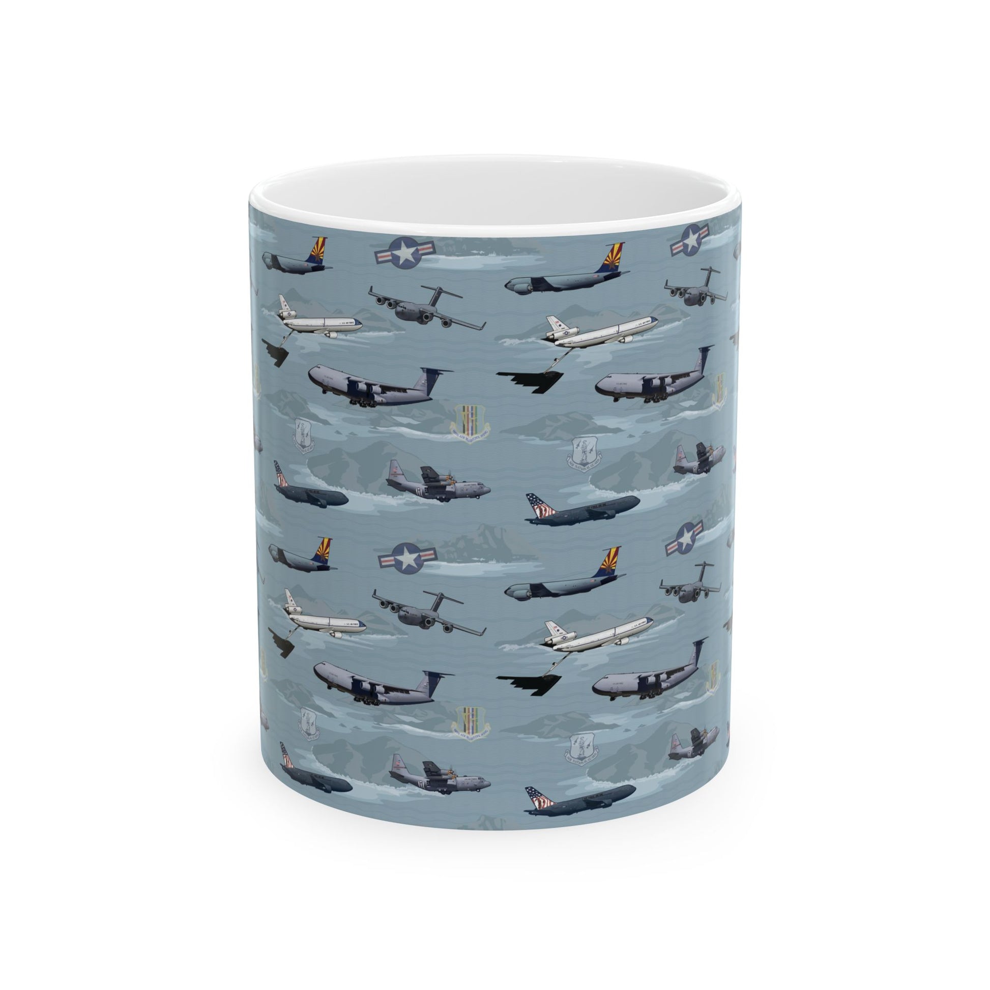 Blue ceramic mug with airplane design, available in 11oz and 15oz sizes, perfect for aviation enthusiasts.