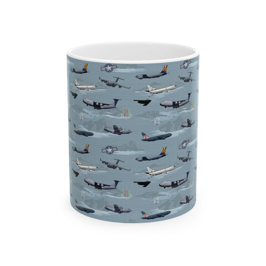 Blue ceramic mug with airplane design, available in 11oz and 15oz sizes, perfect for aviation enthusiasts.