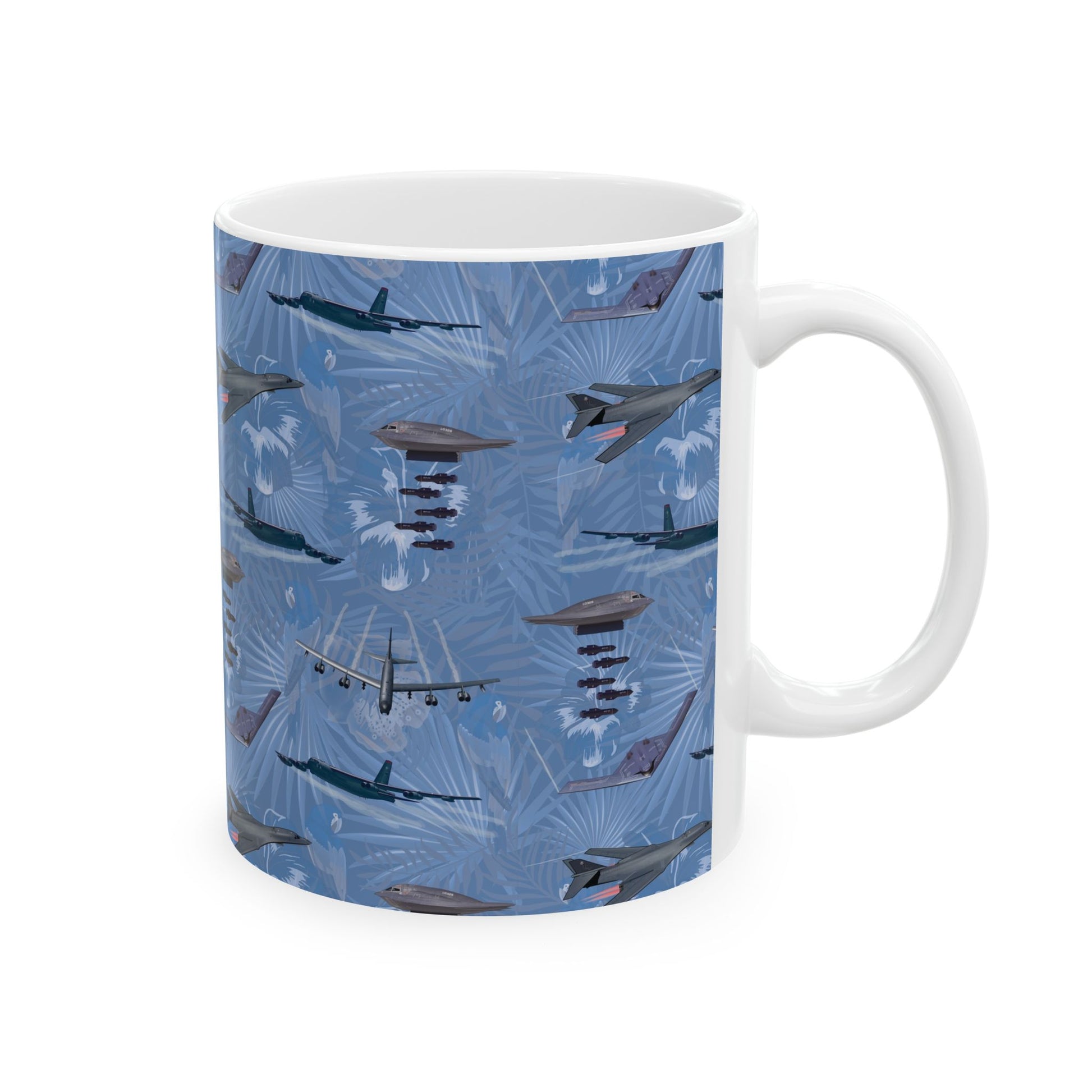 Bold blue ceramic coffee mug showcasing imagery of the B-17 Flying Fortress, available in both 11oz and 15oz sizes, microwave and dishwasher safe.