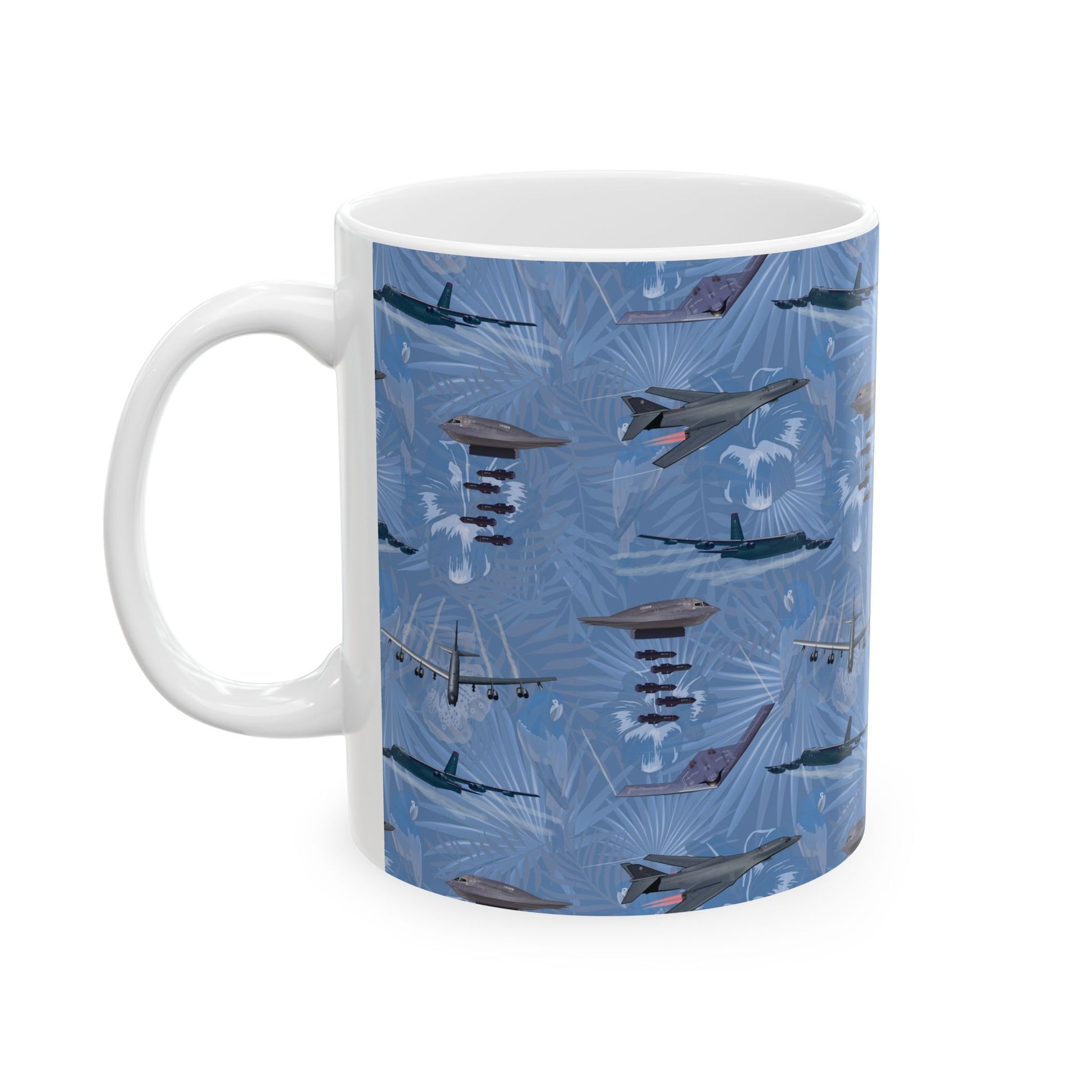 Blue ceramic mug featuring a tribute to the B-17 Flying Fortress, available in 11oz and 15oz sizes, perfect for collectors of military aviation memorabilia.