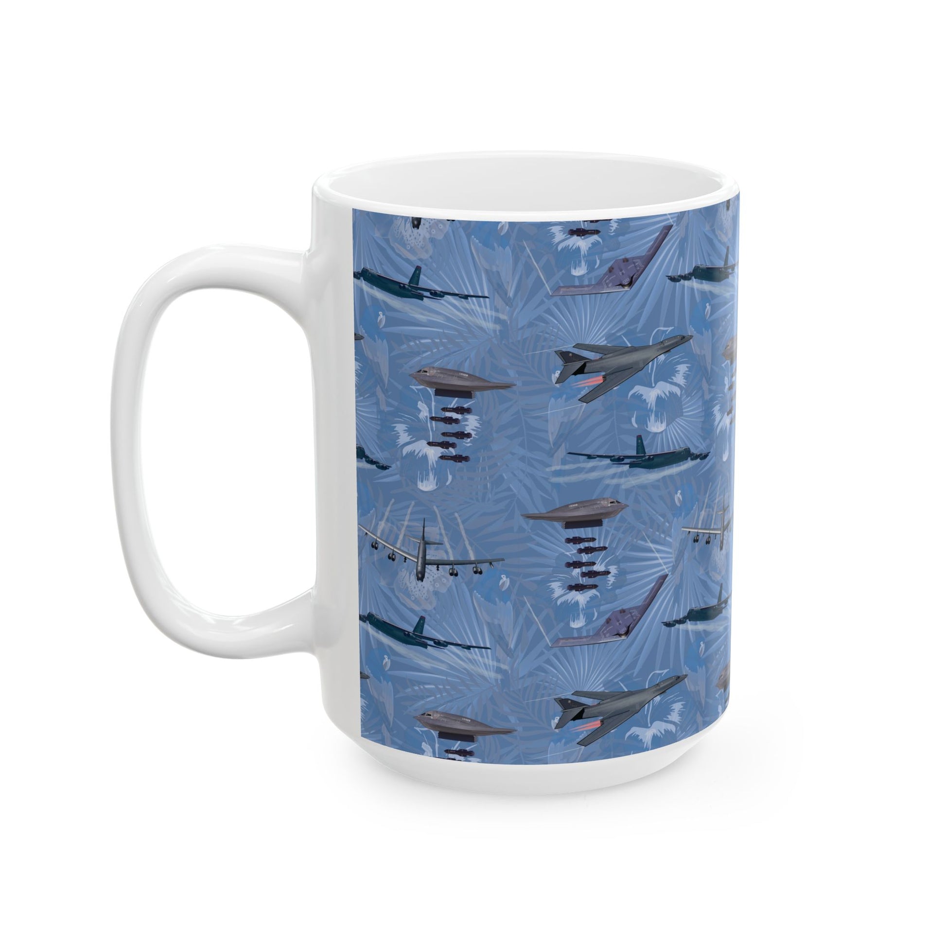 Blue ceramic mug featuring a tribute to the B-17 Flying Fortress, perfect for collectors, available in 11oz and 15oz sizes, microwave and dishwasher safe.