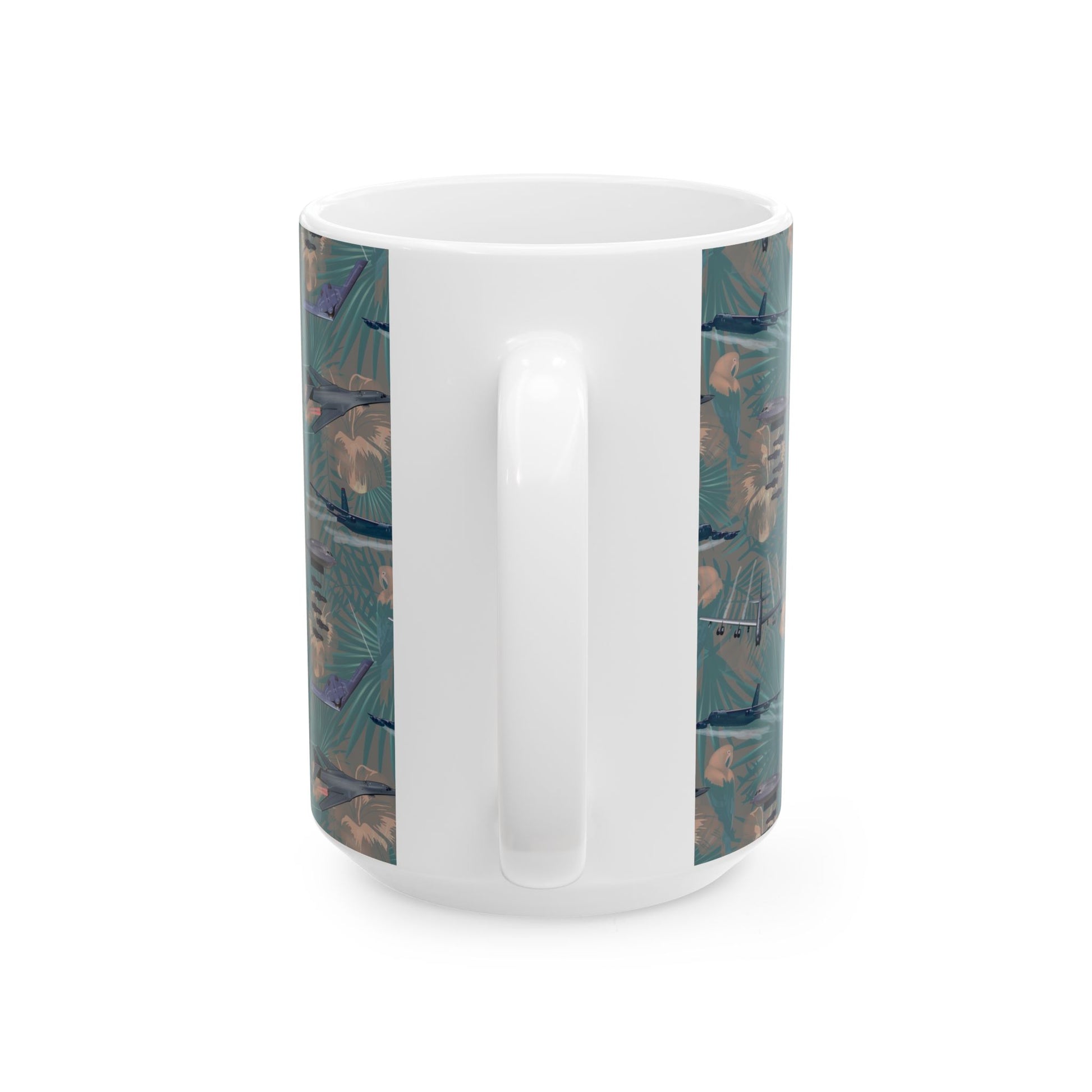 Green ceramic mug with a commemorative design celebrating the B-17 Flying Fortress, ideal for aviation enthusiasts, available in 11oz and 15oz sizes.