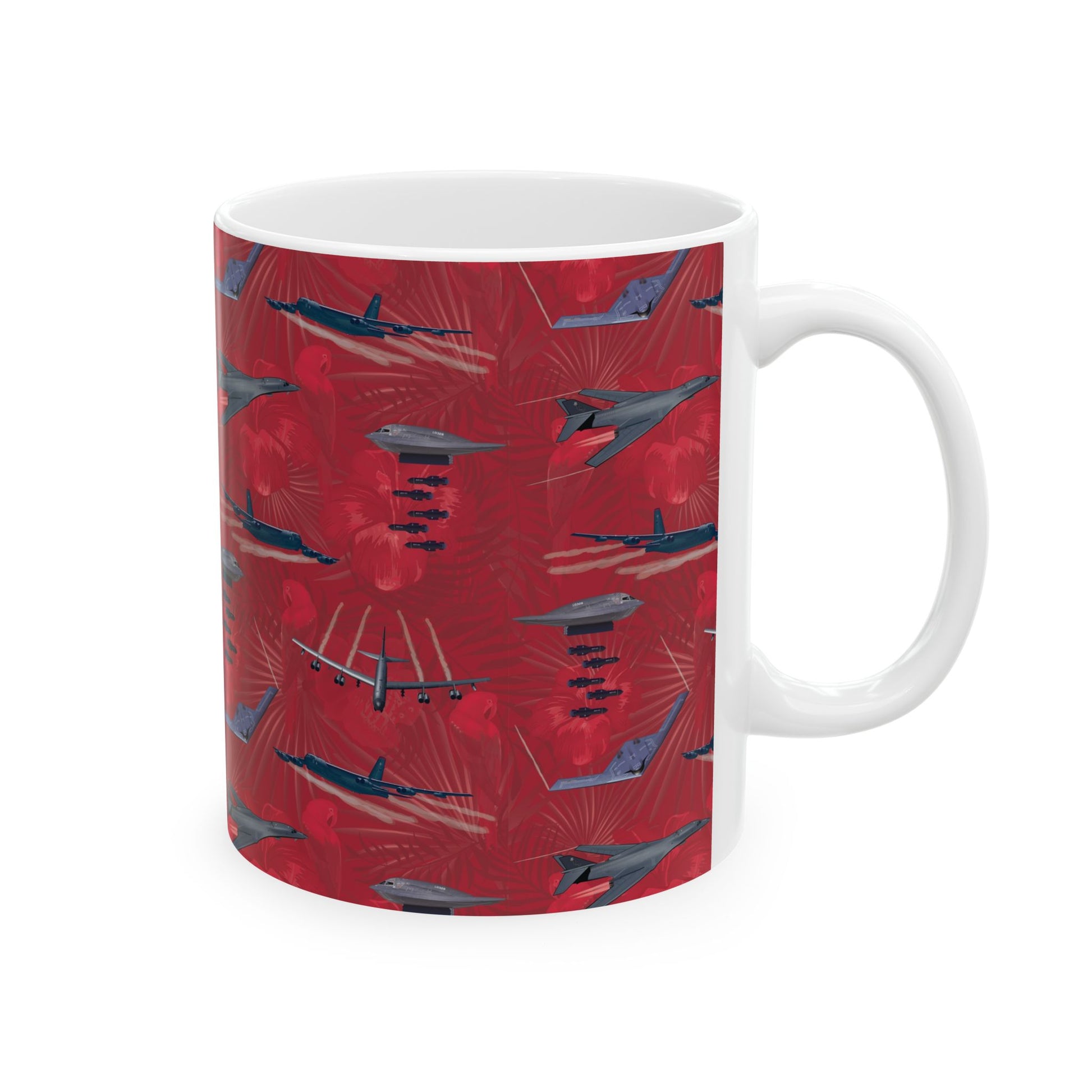 Bold red ceramic coffee mug showcasing the B-17 Flying Fortress, available in 11oz and 15oz sizes, microwave and dishwasher safe for everyday use.