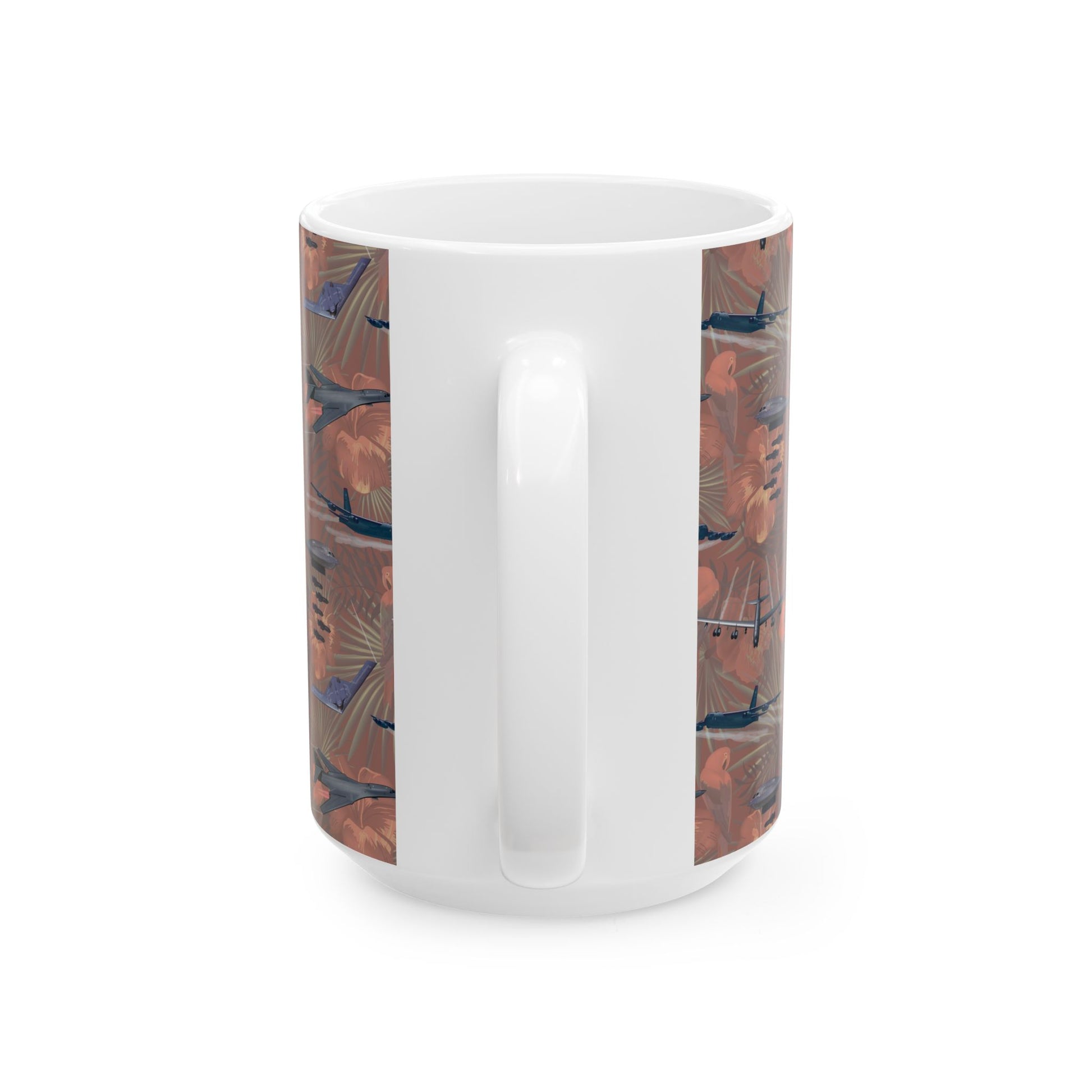 Red ceramic mug with a commemorative design celebrating the B-17 Flying Fortress, ideal for military aviation enthusiasts, available in 11oz and 15oz sizes.