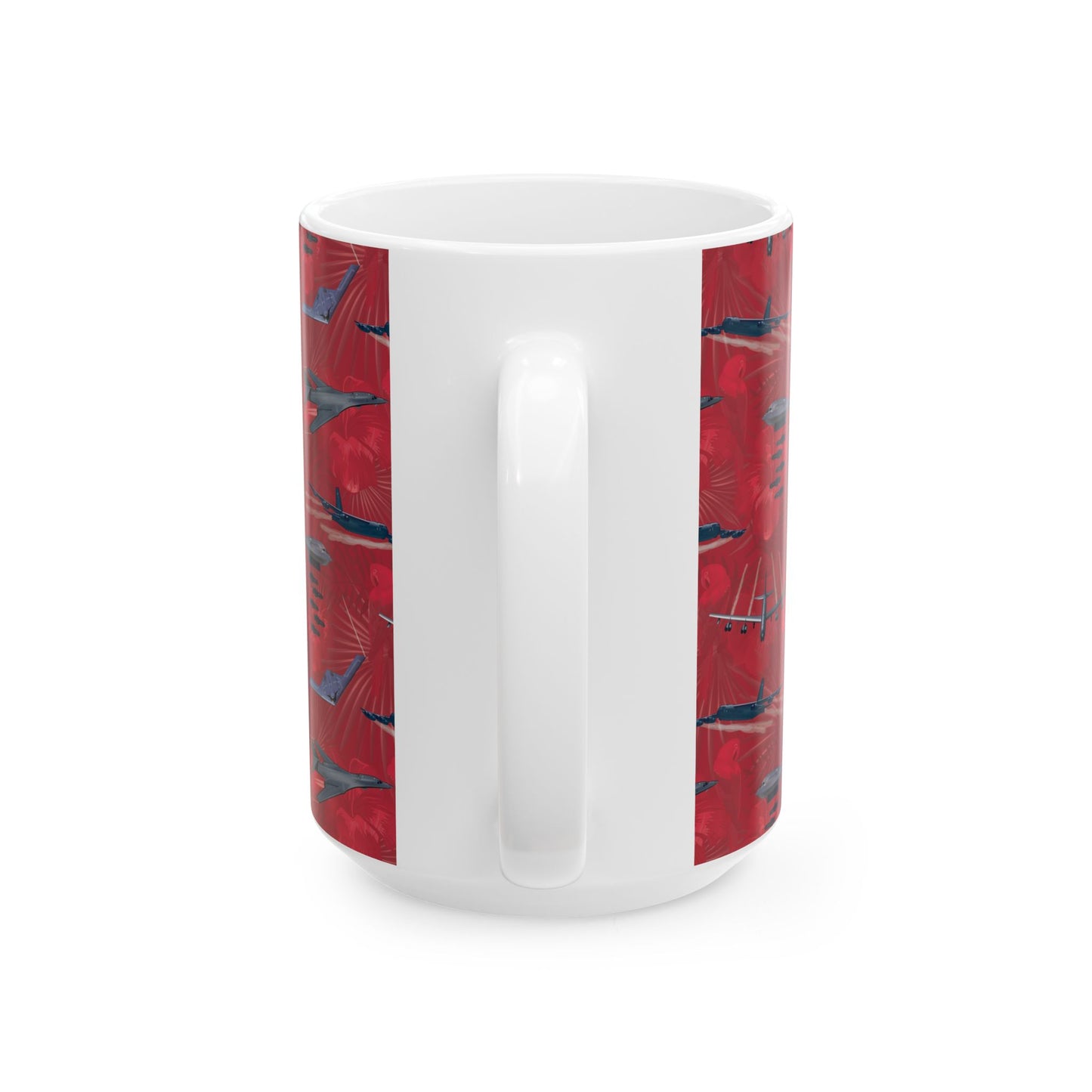 Red ceramic mug with a commemorative design celebrating the B-17 Flying Fortress, perfect for aviation fans, available in two sizes: 11oz and 15oz.