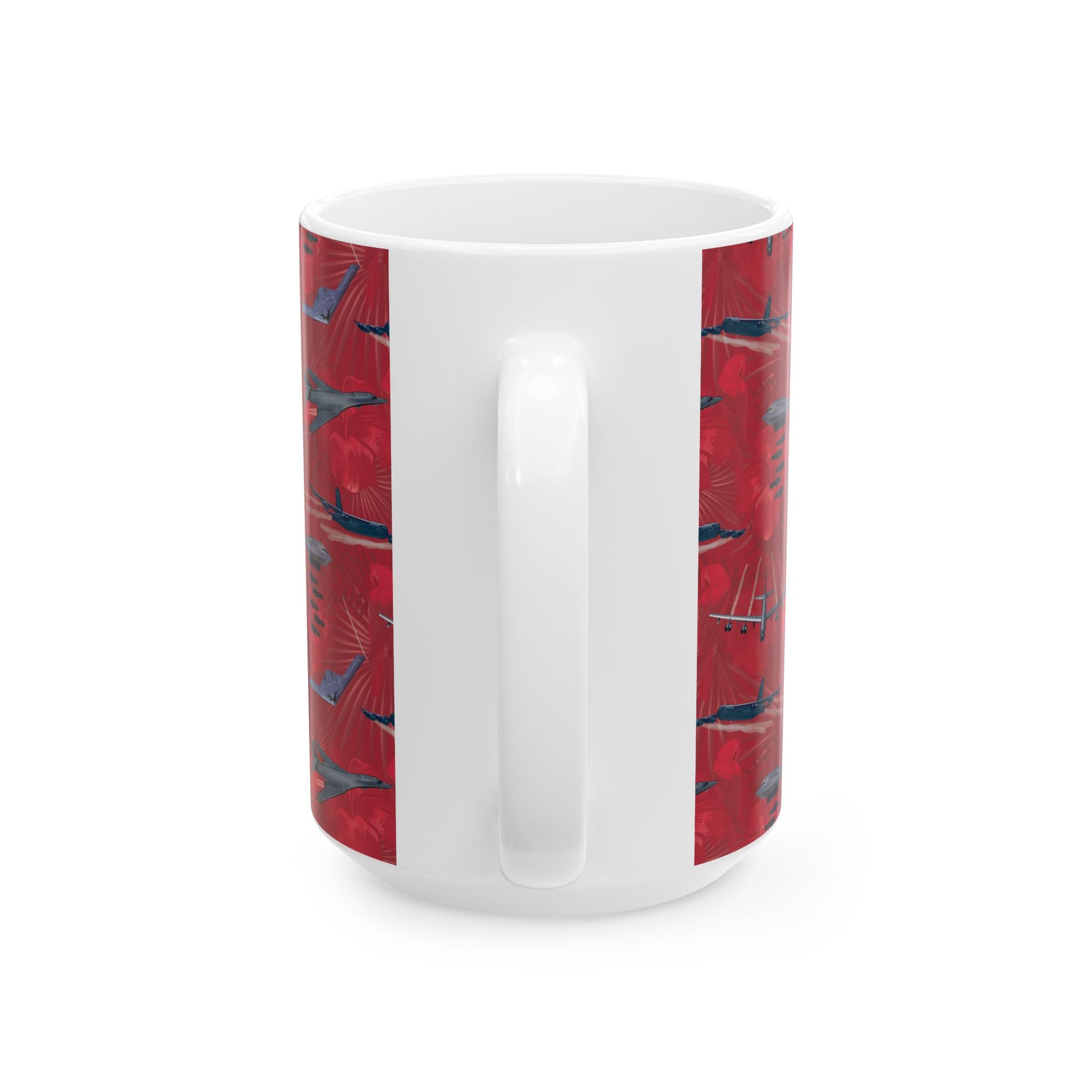 Red ceramic mug with a commemorative design celebrating the B-17 Flying Fortress, perfect for aviation fans, available in two sizes: 11oz and 15oz.