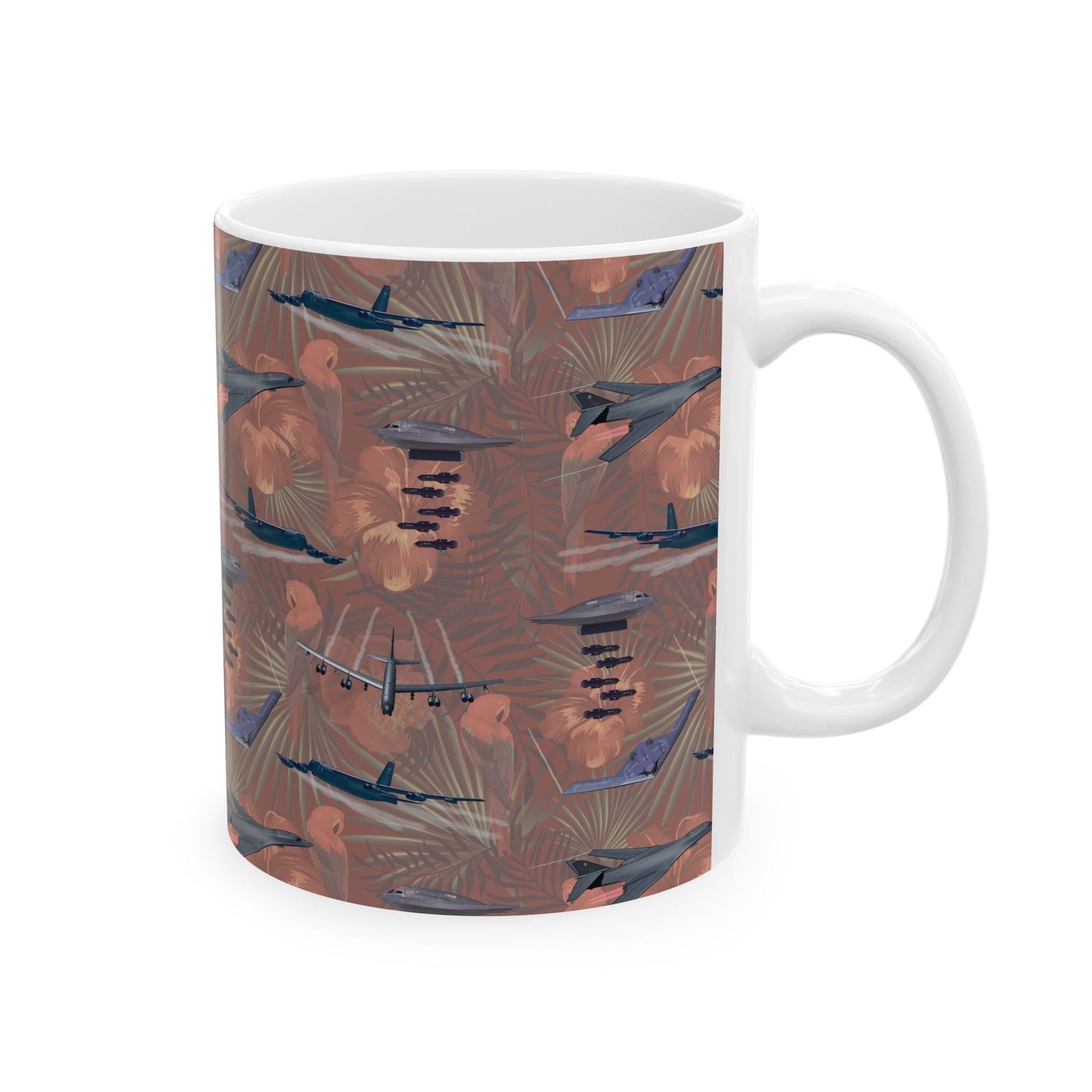 Bold red ceramic coffee mug showcasing imagery of the B-17 Flying Fortress, available in two sizes: 11oz and 15oz, microwave and dishwasher safe.