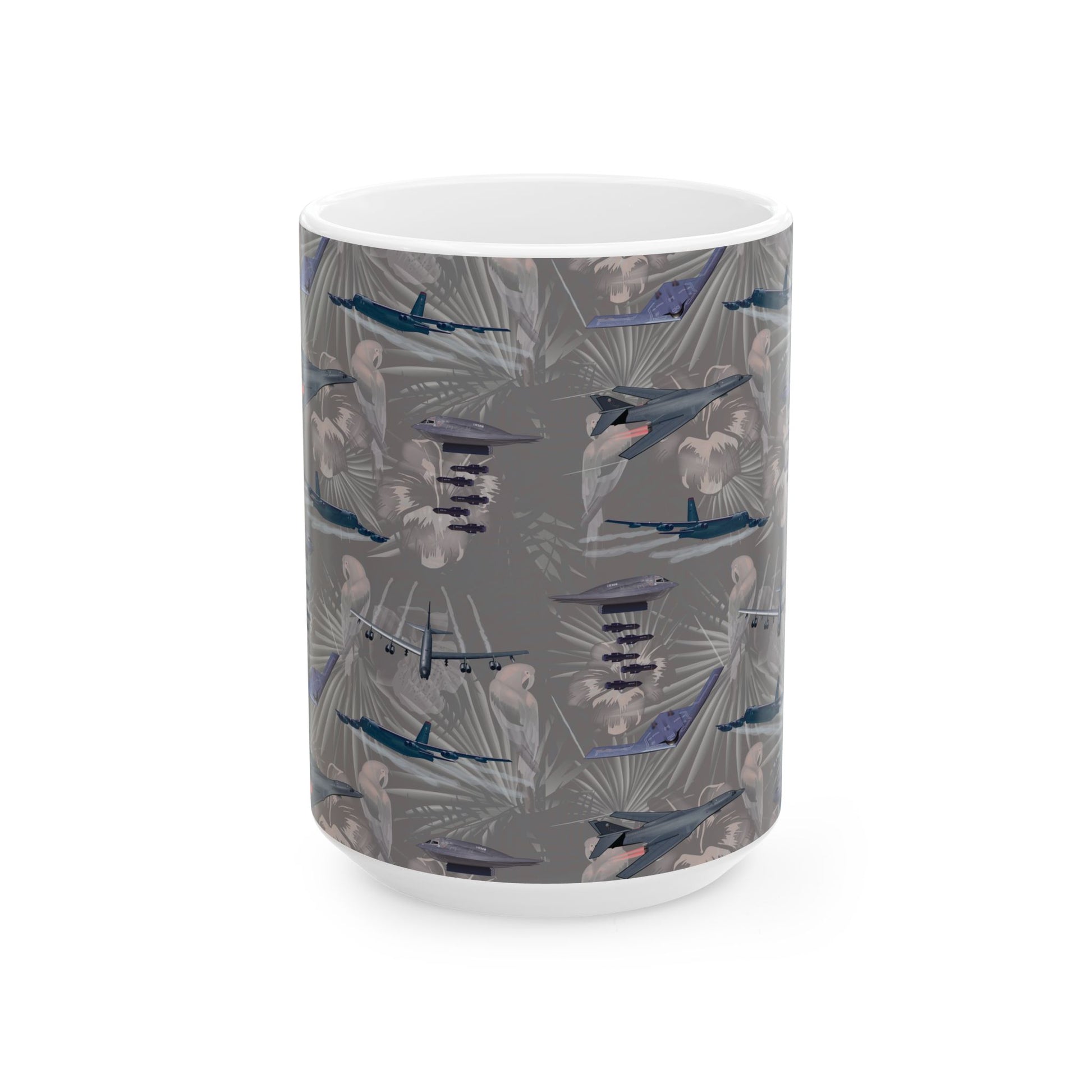 Durable black ceramic coffee mug showcasing imagery of legendary bombers, perfect for aviation enthusiasts, available in two sizes.