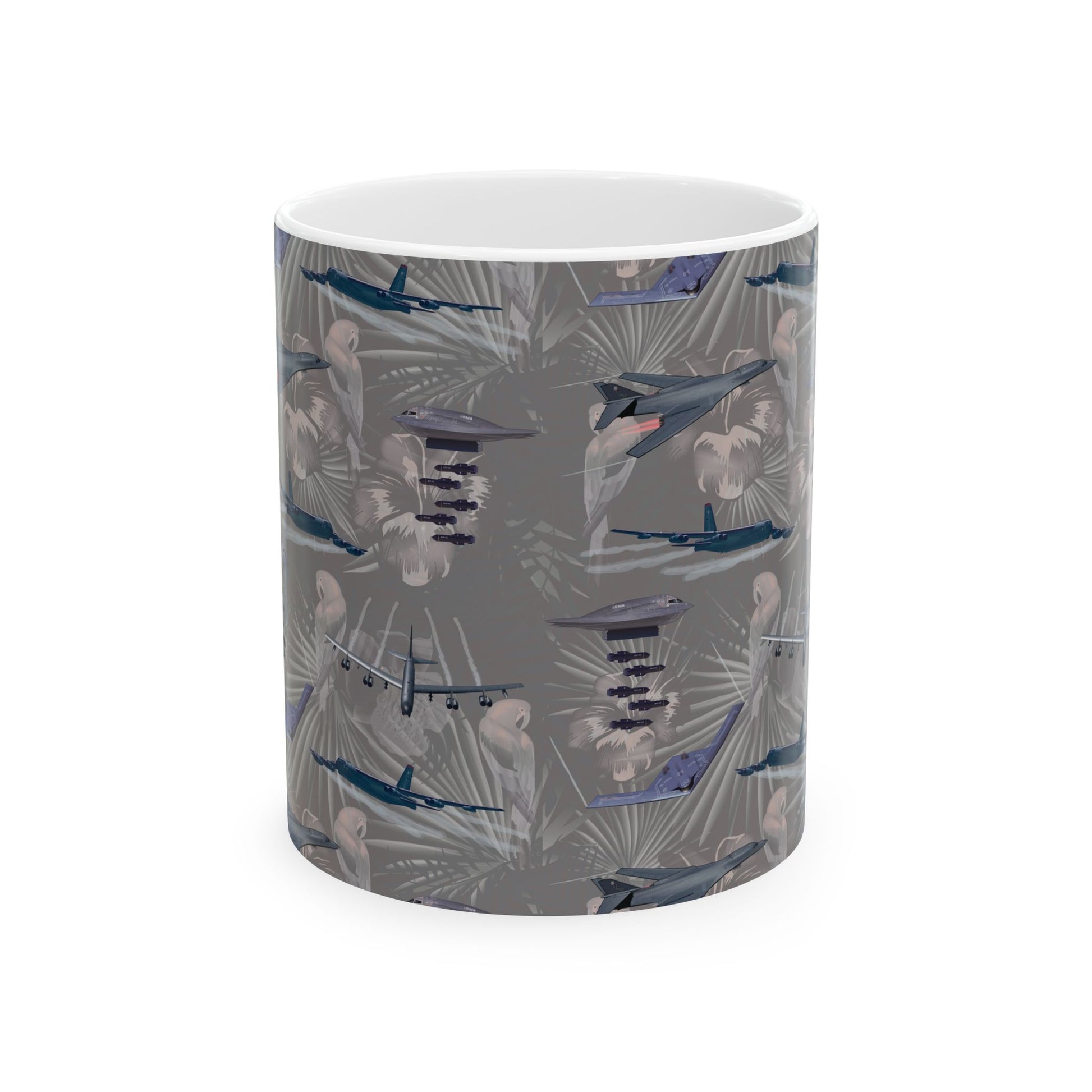 Black ceramic mug featuring a design honoring iconic bombers, available in 11oz and 15oz sizes, microwave and dishwasher safe.