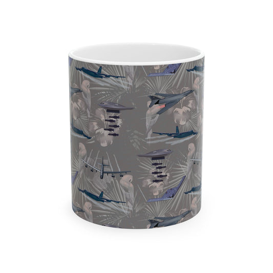 Black ceramic mug featuring a design honoring iconic bombers, available in 11oz and 15oz sizes, microwave and dishwasher safe.