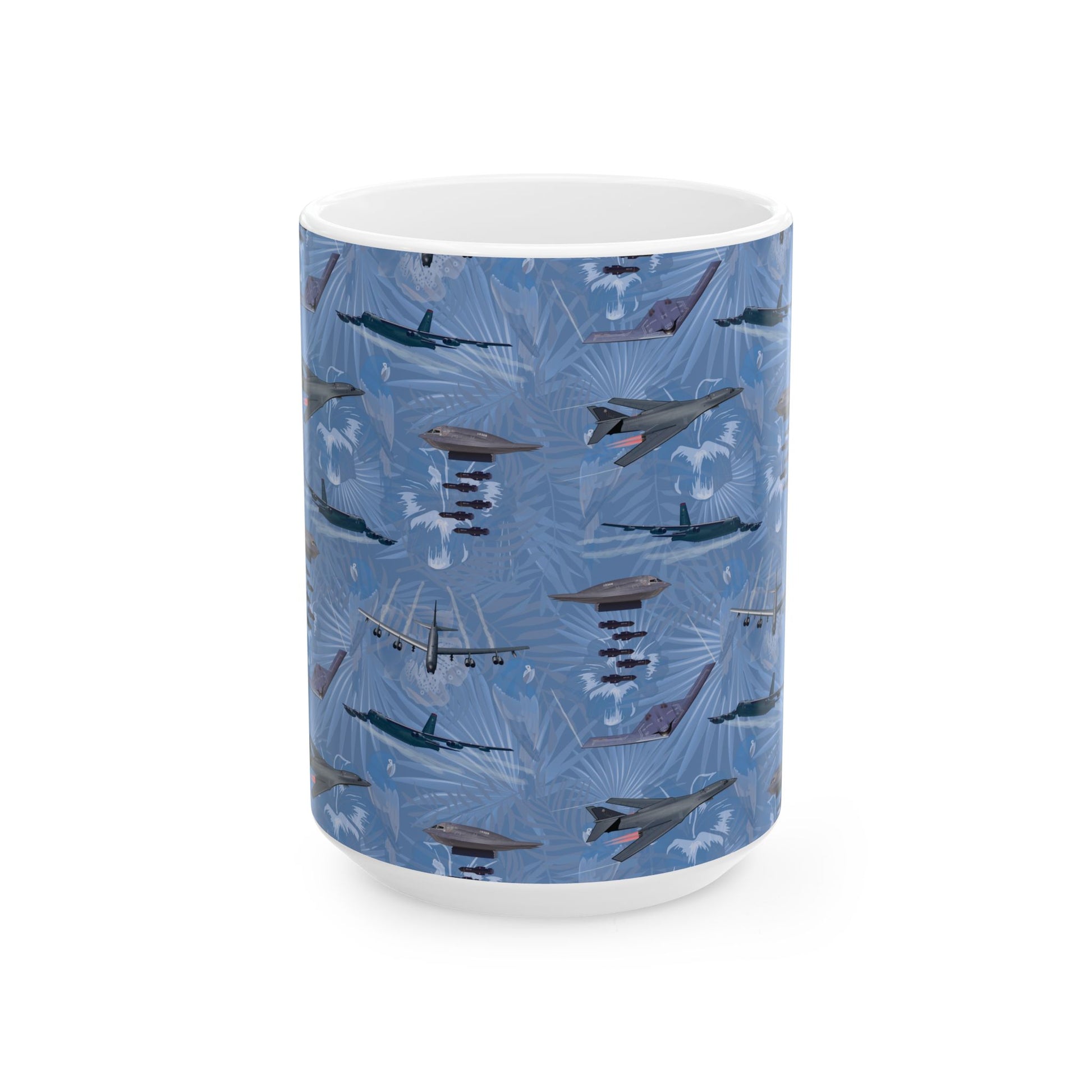 Durable blue ceramic coffee mug showcasing imagery of the B-17 Flying Fortress, perfect for aviation enthusiasts, available in two sizes.