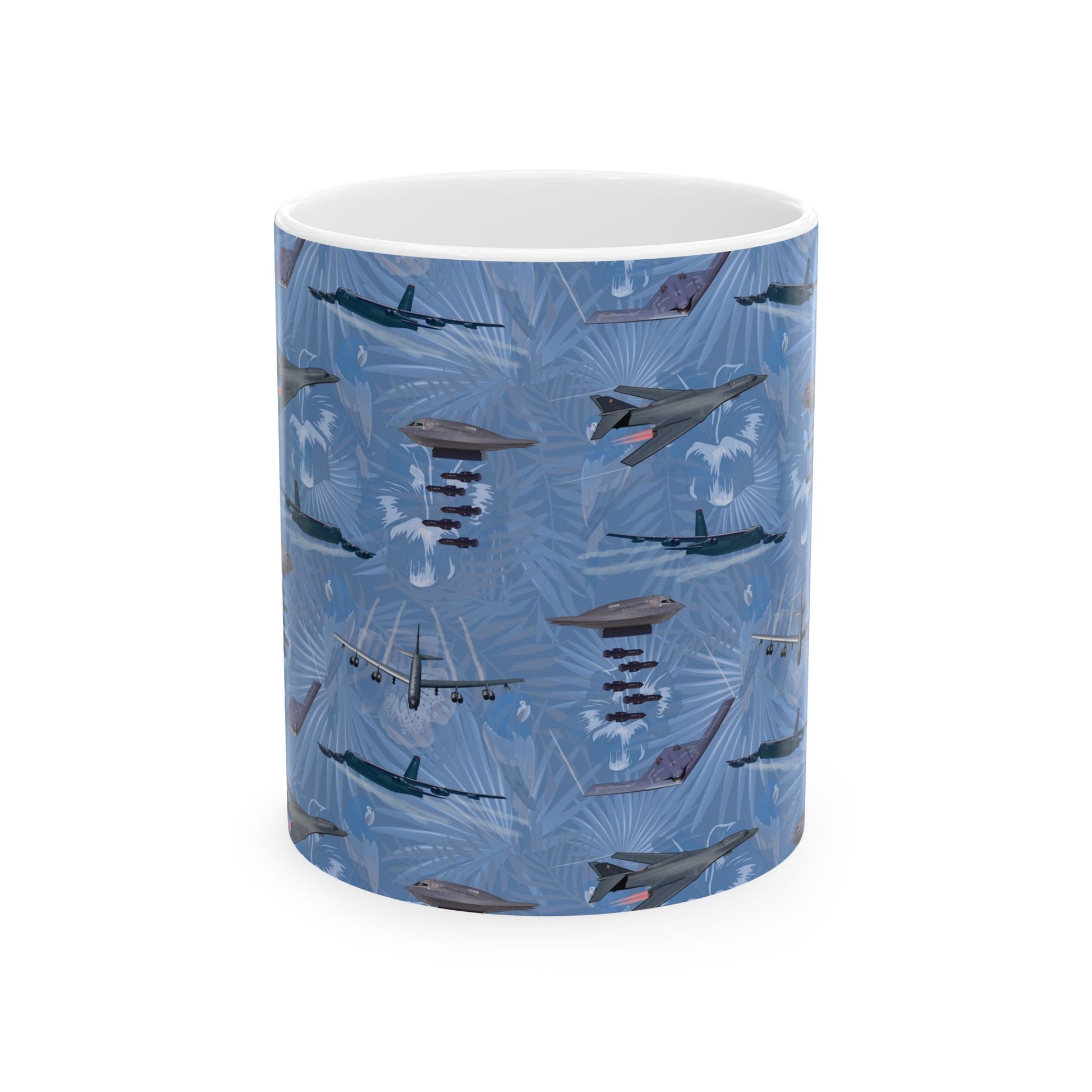 Blue ceramic mug featuring a design honoring the B-17 Flying Fortress, available in 11oz and 15oz sizes, microwave and dishwasher safe.