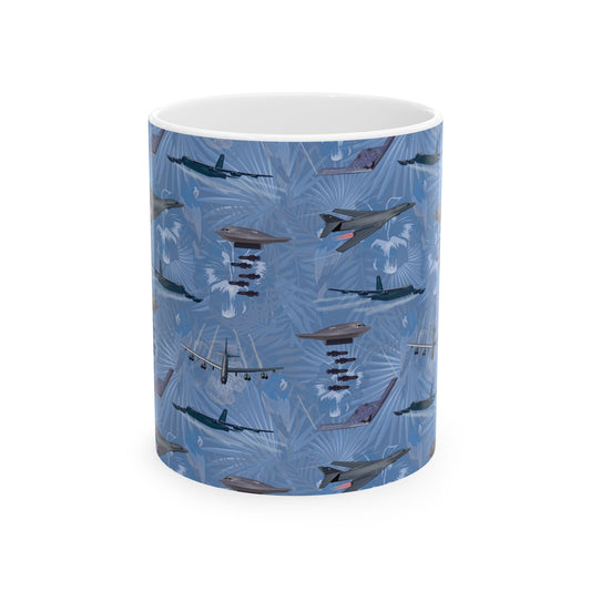 Blue ceramic mug featuring a design honoring the B-17 Flying Fortress, available in 11oz and 15oz sizes, microwave and dishwasher safe.