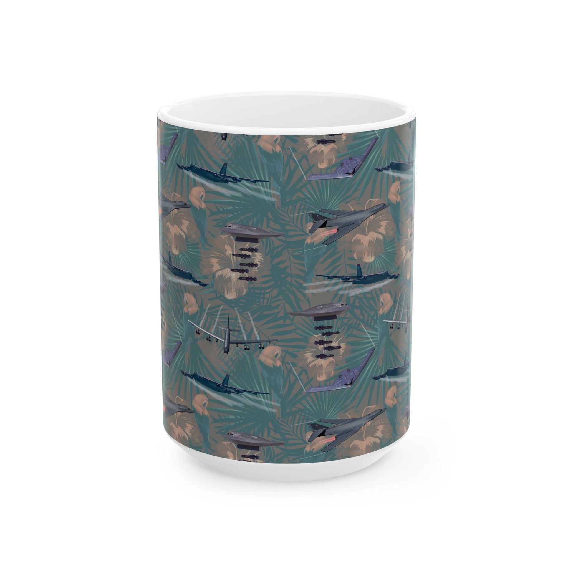 Durable green ceramic coffee mug showcasing imagery of the B-17 Flying Fortress, perfect for aviation enthusiasts, available in two sizes.