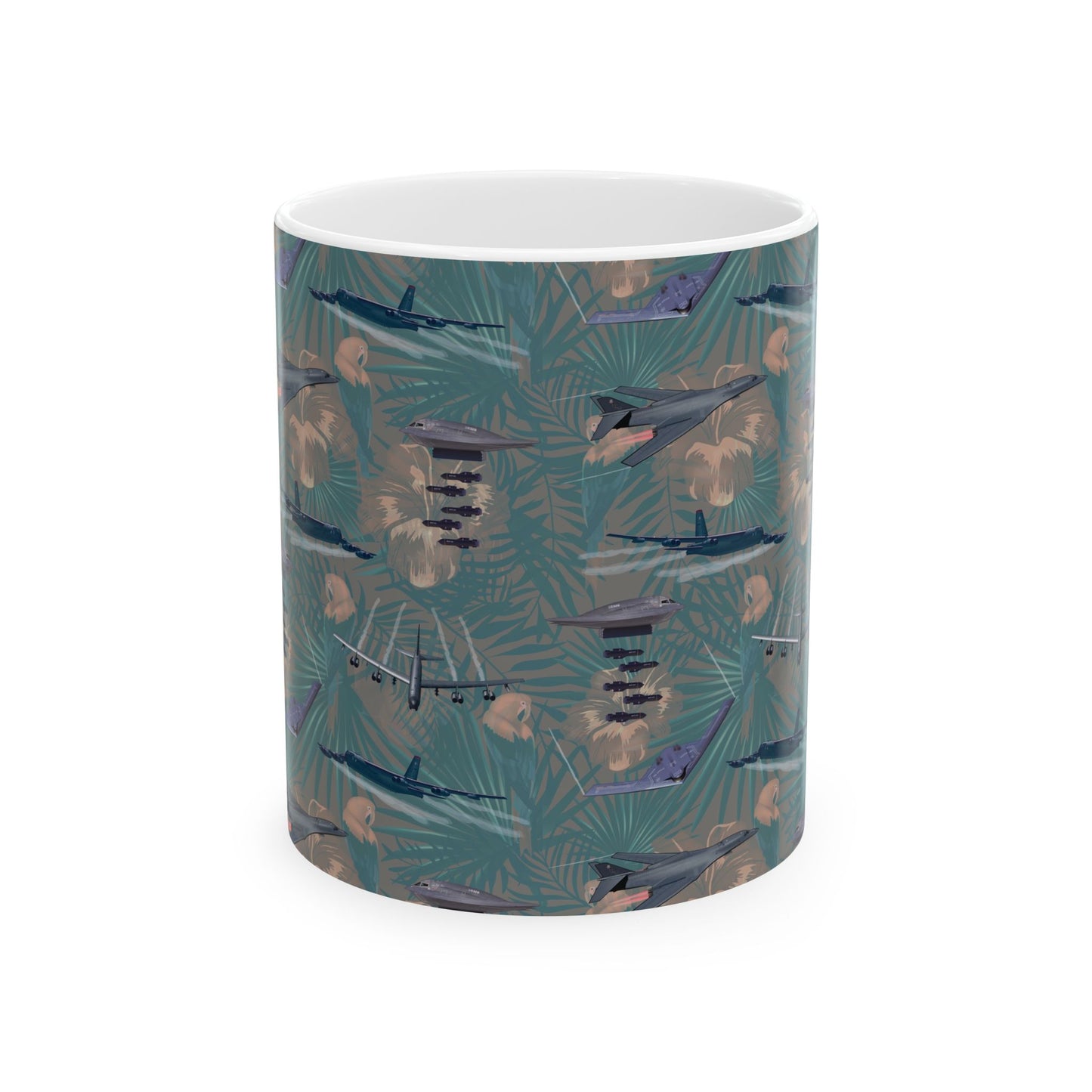Green ceramic mug featuring a design honoring the B-17 Flying Fortress, available in 11oz and 15oz sizes, microwave and dishwasher safe.