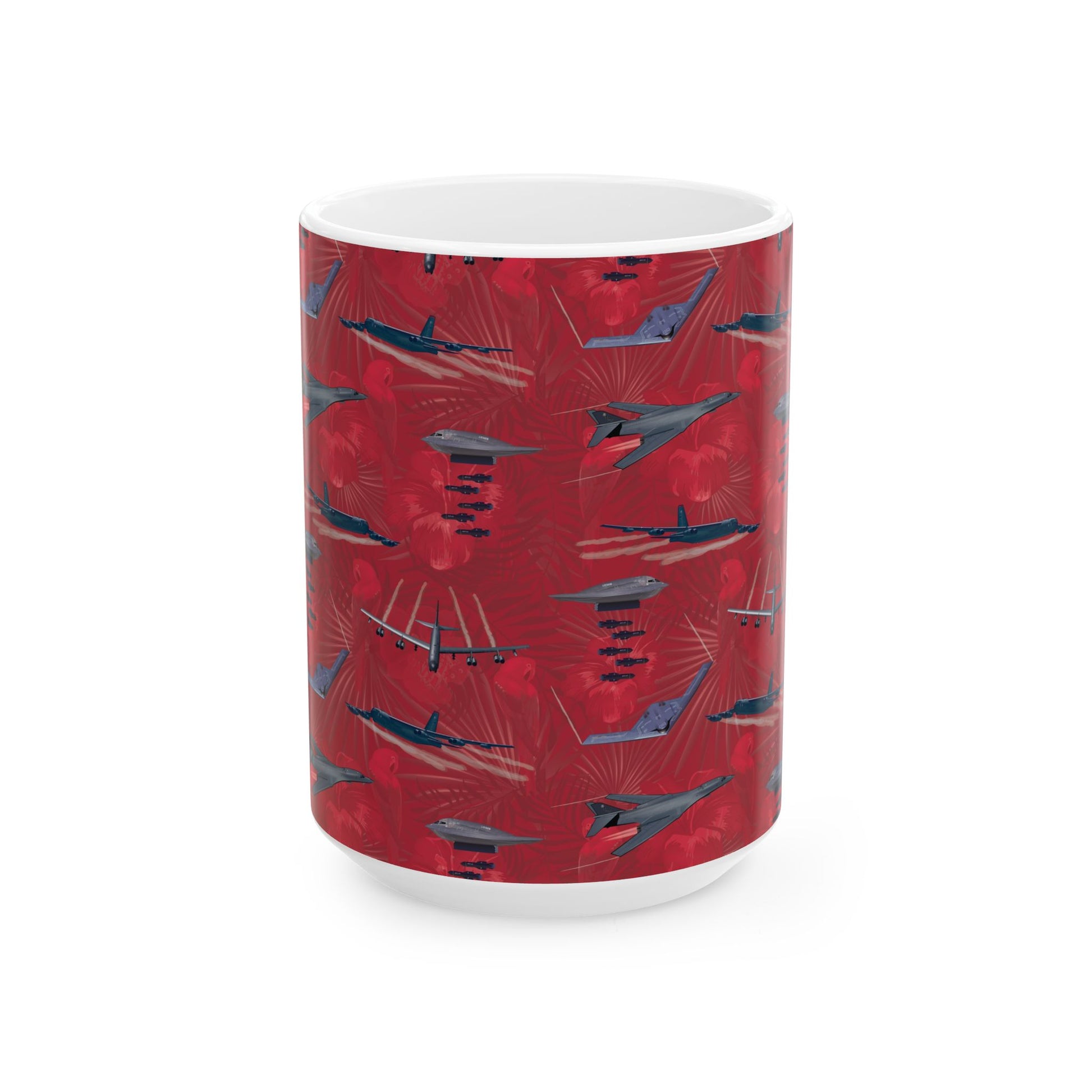 Durable red ceramic coffee mug showcasing imagery of the B-17 Flying Fortress, perfect for aviation enthusiasts, available in two sizes.