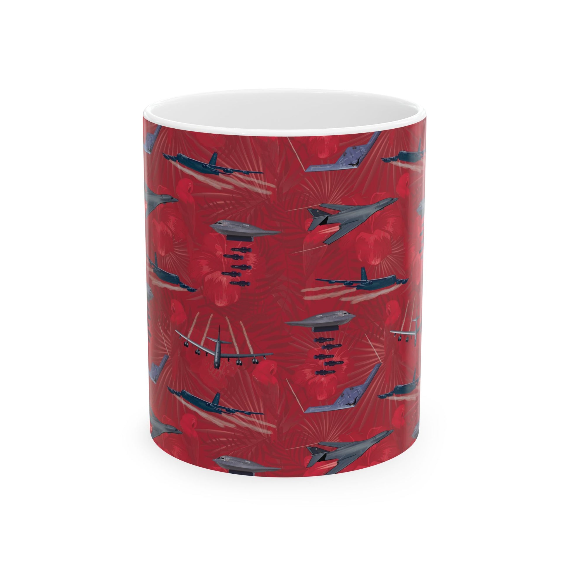 Red ceramic mug featuring a design honoring the B-17 Flying Fortress, available in 11oz and 15oz sizes, microwave and dishwasher safe.