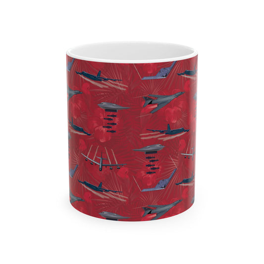 Red ceramic mug featuring a design honoring the B-17 Flying Fortress, available in 11oz and 15oz sizes, microwave and dishwasher safe.