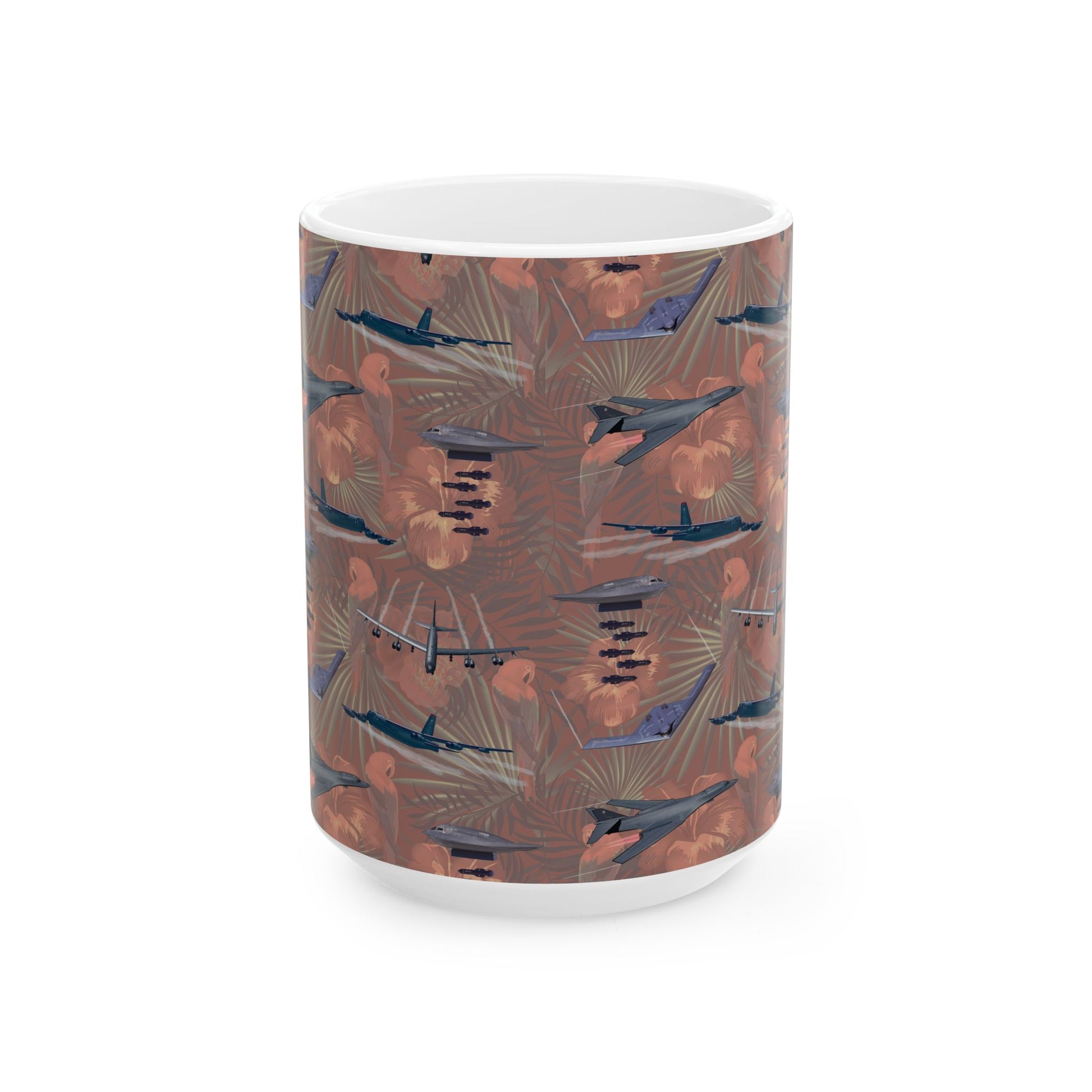 Durable red ceramic coffee mug showcasing imagery of the B-17 Flying Fortress, perfect for aviation enthusiasts, available in two sizes.